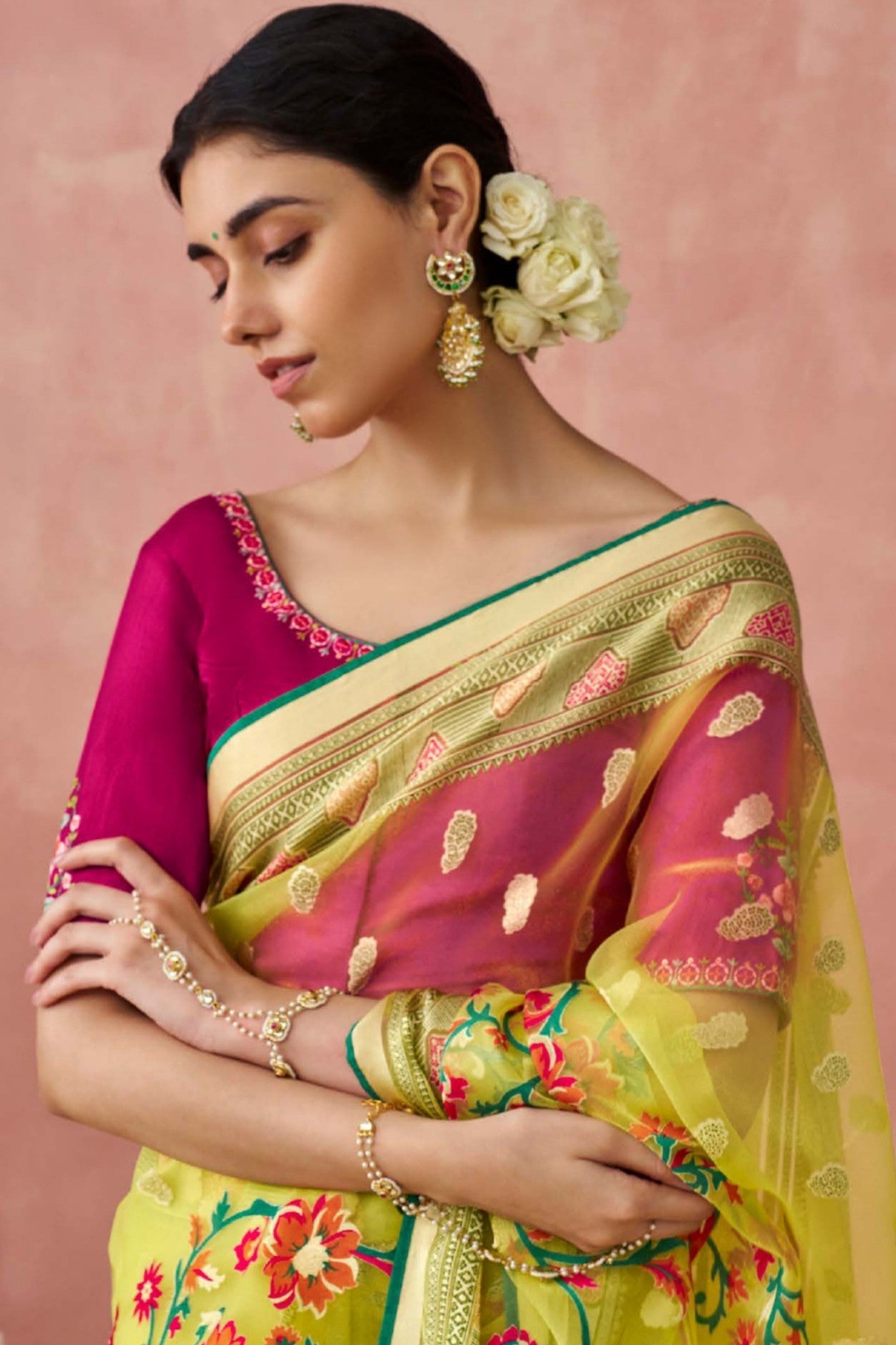 Equator Yellow Brasso Organza Printed Saree