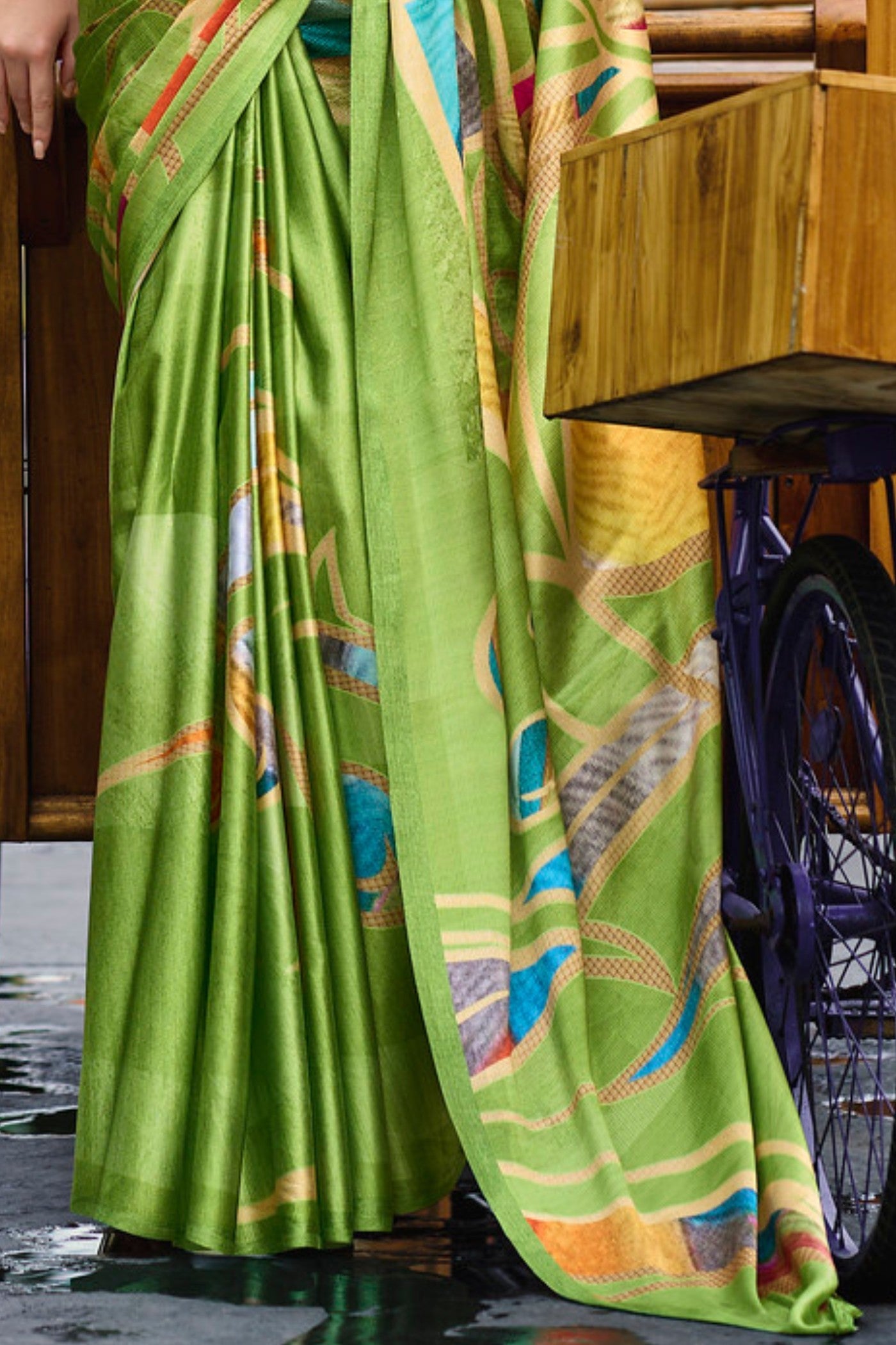 Wasabi Green Printed Satin Crepe Silk Saree