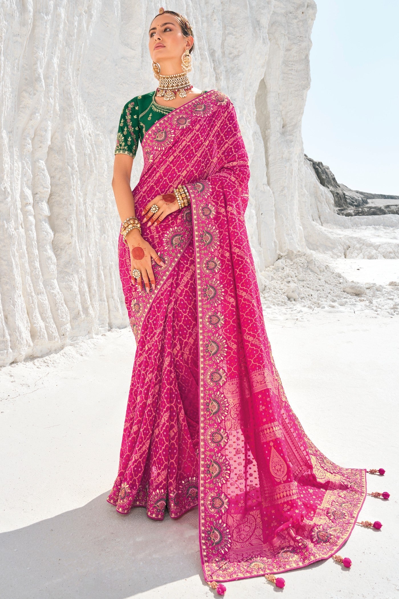 China Rose Pink Georgette Patola Saree