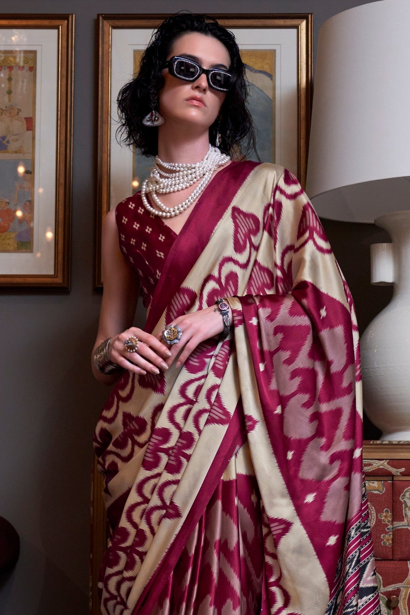 Aesthetic Maroon Patola Printed Satin Crepe Saree