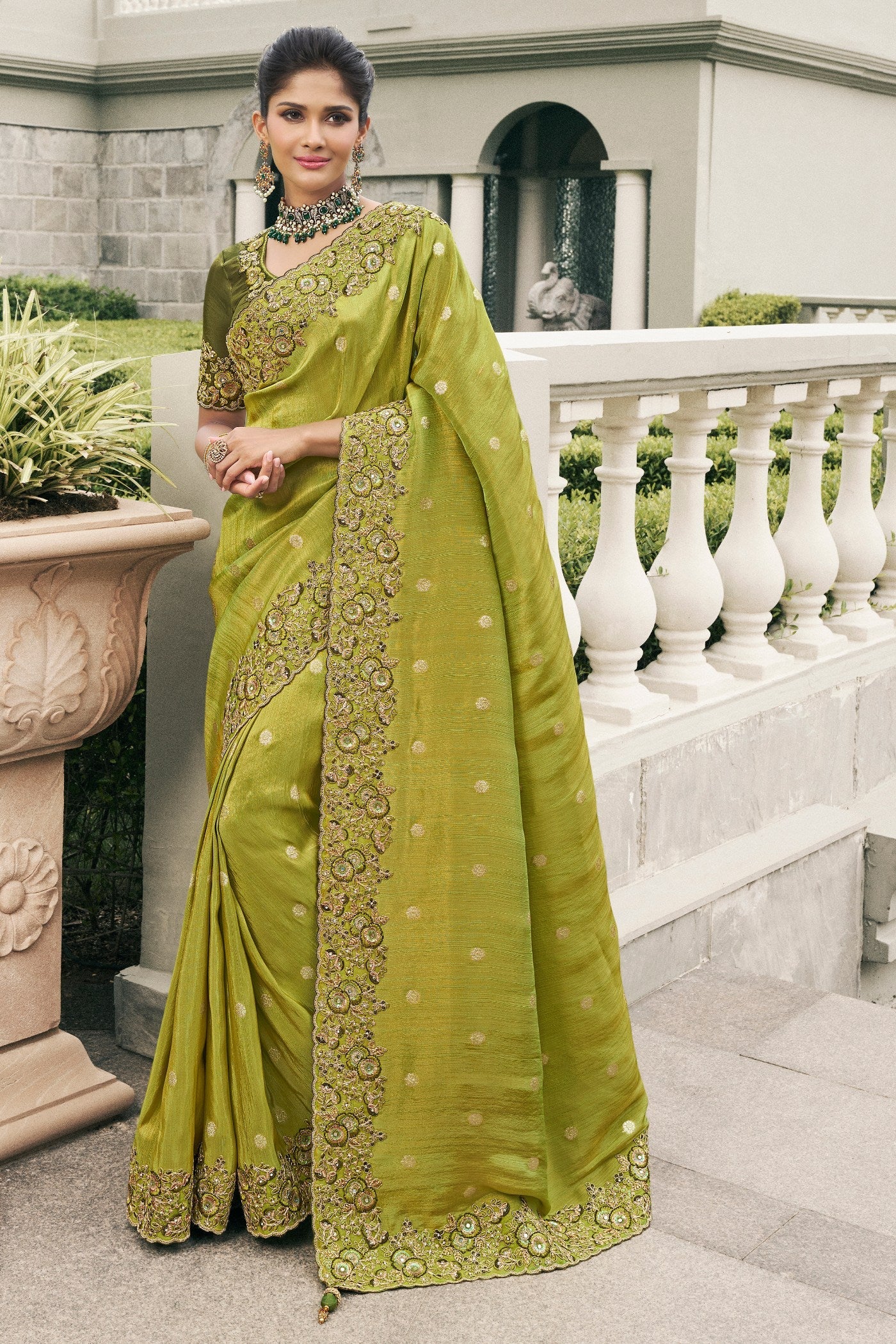 Husk Green Banarasi Designer Embroidered Saree