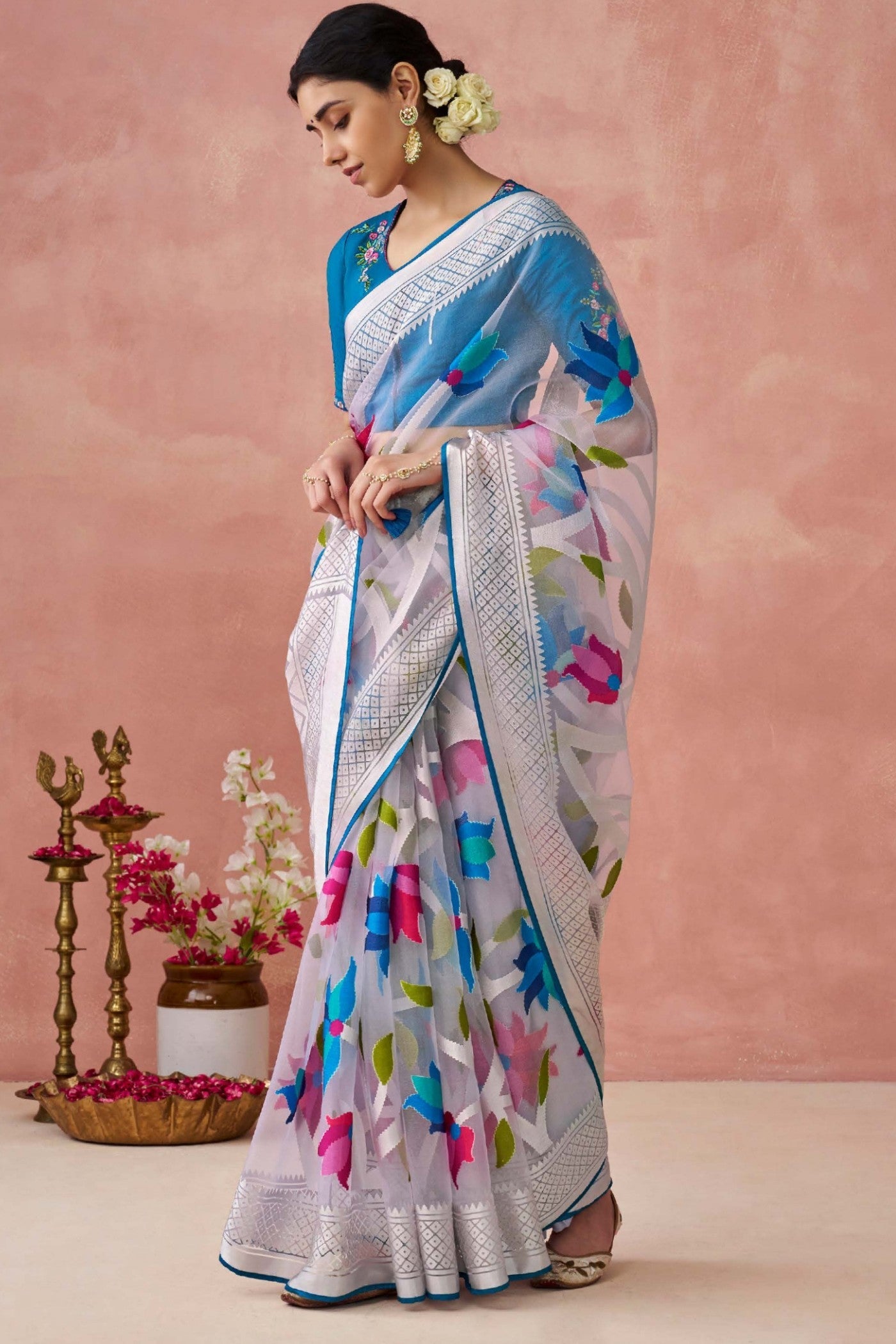 Bismark Blue and White Brasso Organza Printed Saree