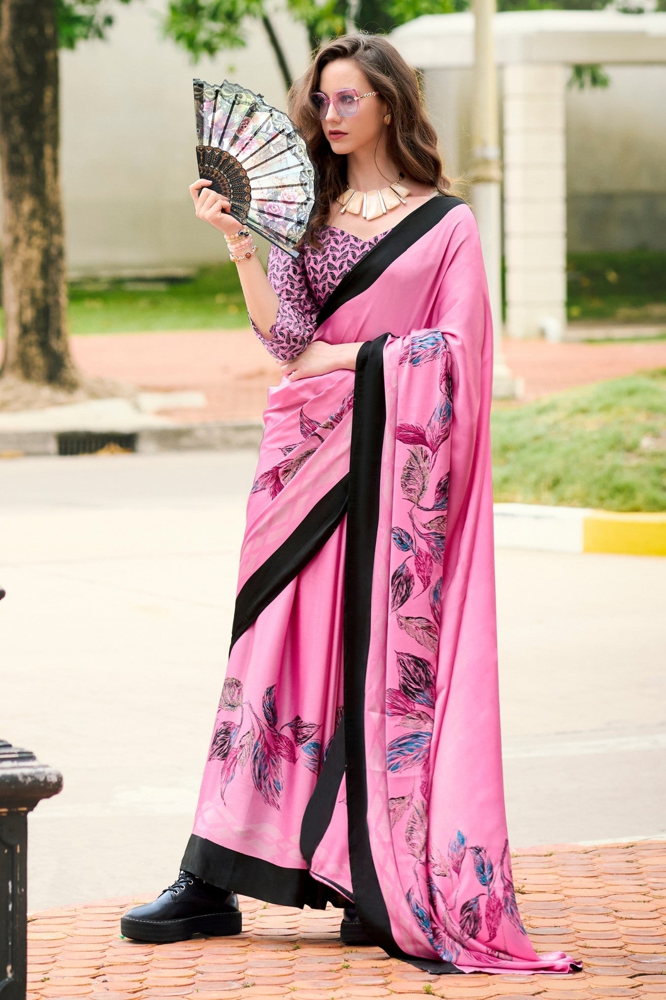 Barbie Pink Printed Satin Crepe Saree