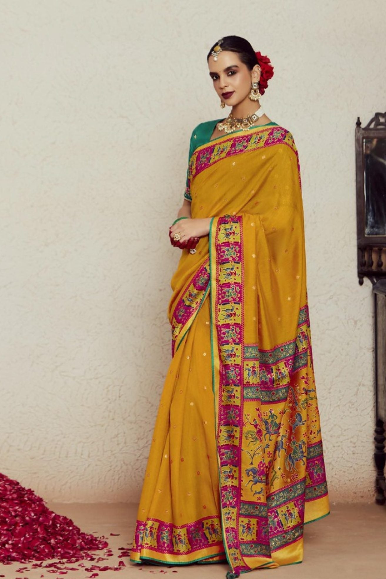 Meteor Yellow Printed Brasso Soft Silk Saree