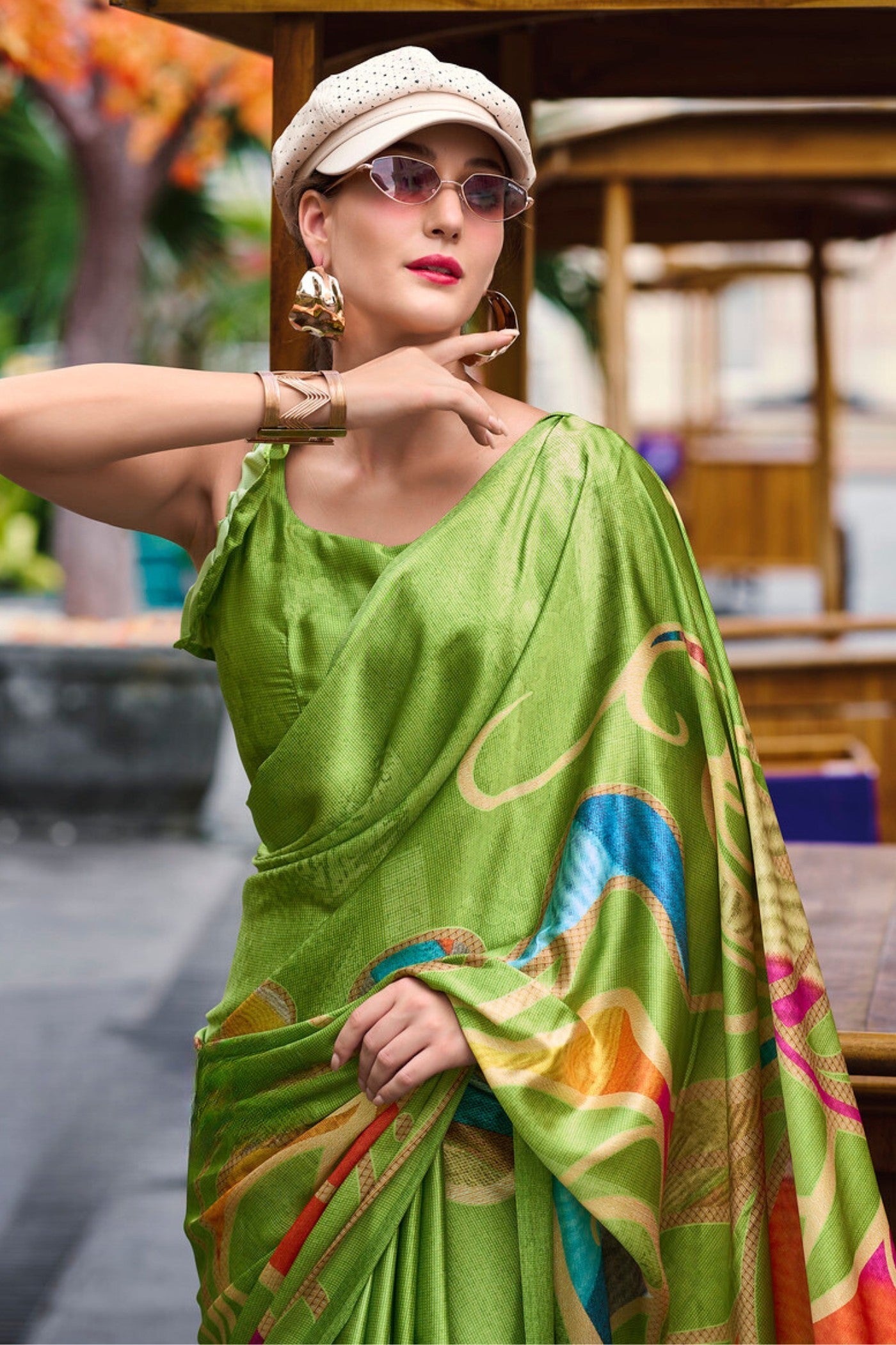 Wasabi Green Printed Satin Crepe Silk Saree