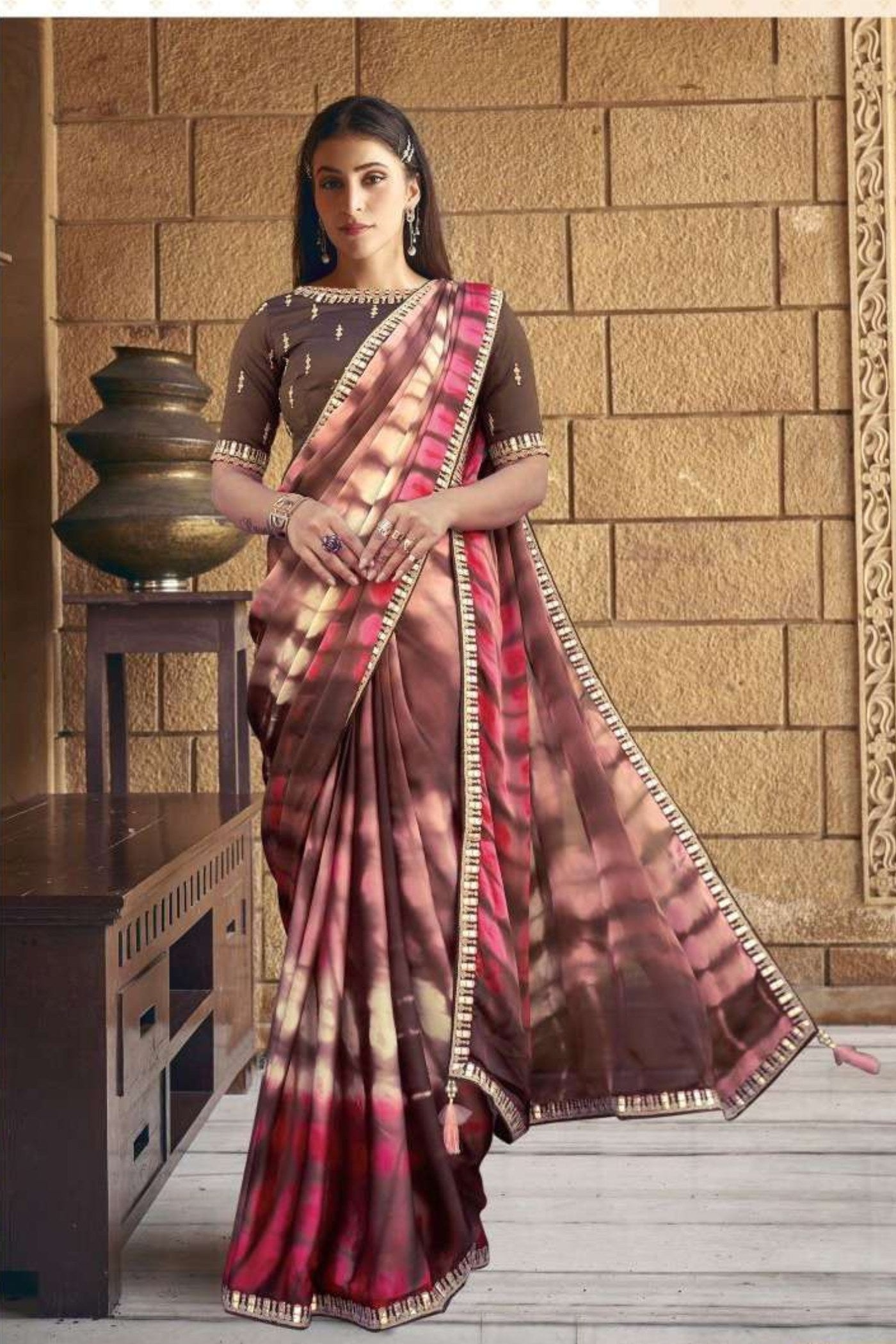 Coral Tree Brown Georgette Printed Silk Saree