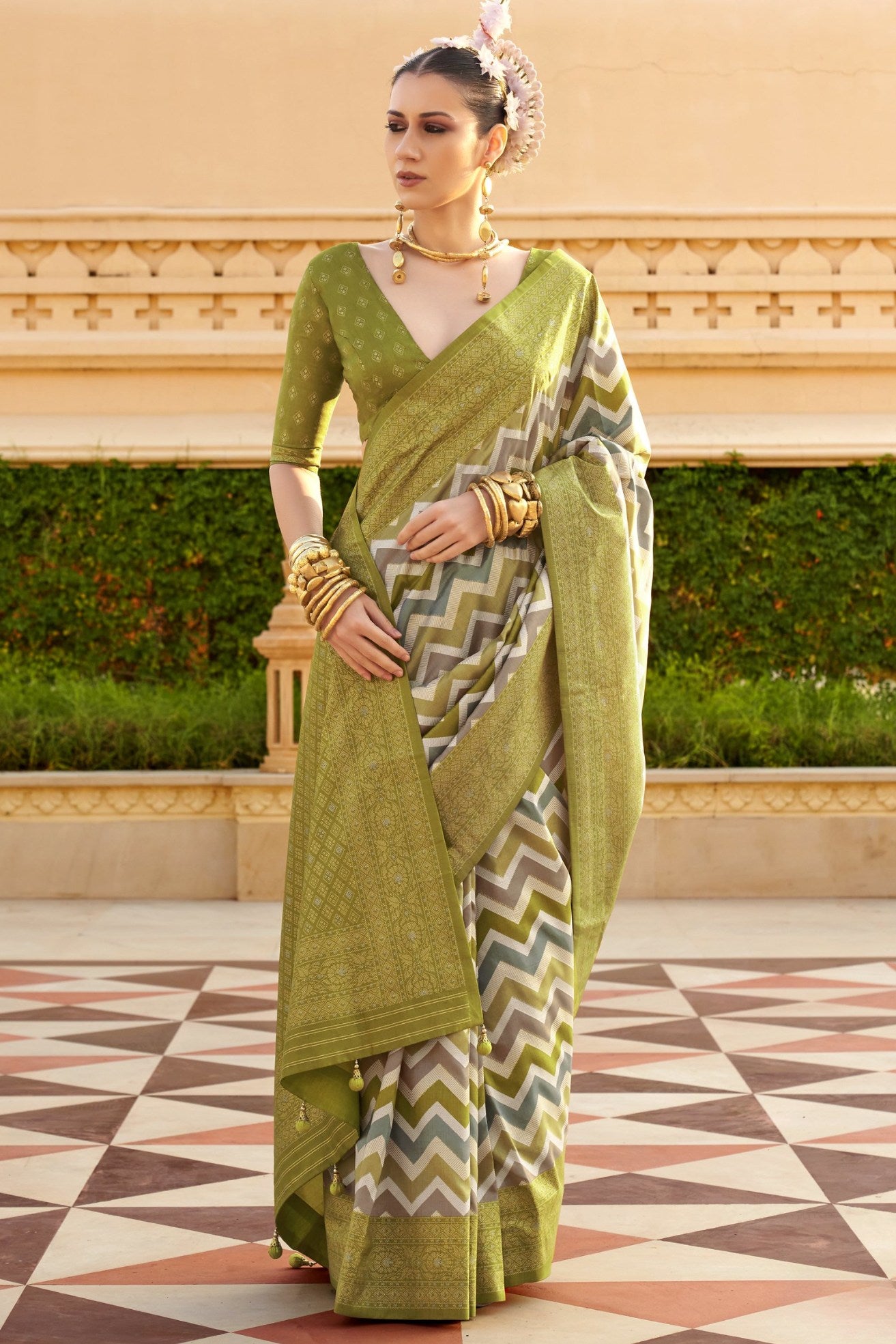 Olive Green Woven Patola Printed Silk Saree