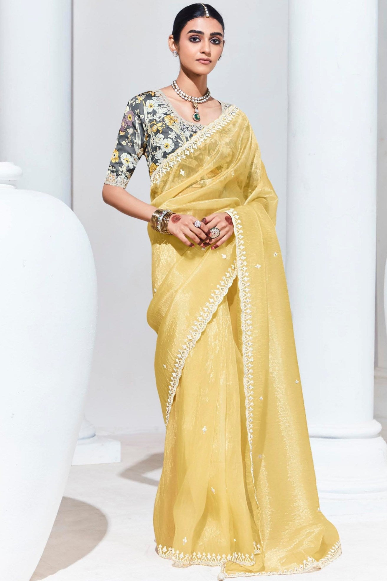 Portafino Yellow Tissue Organza Designer Partywear Saree