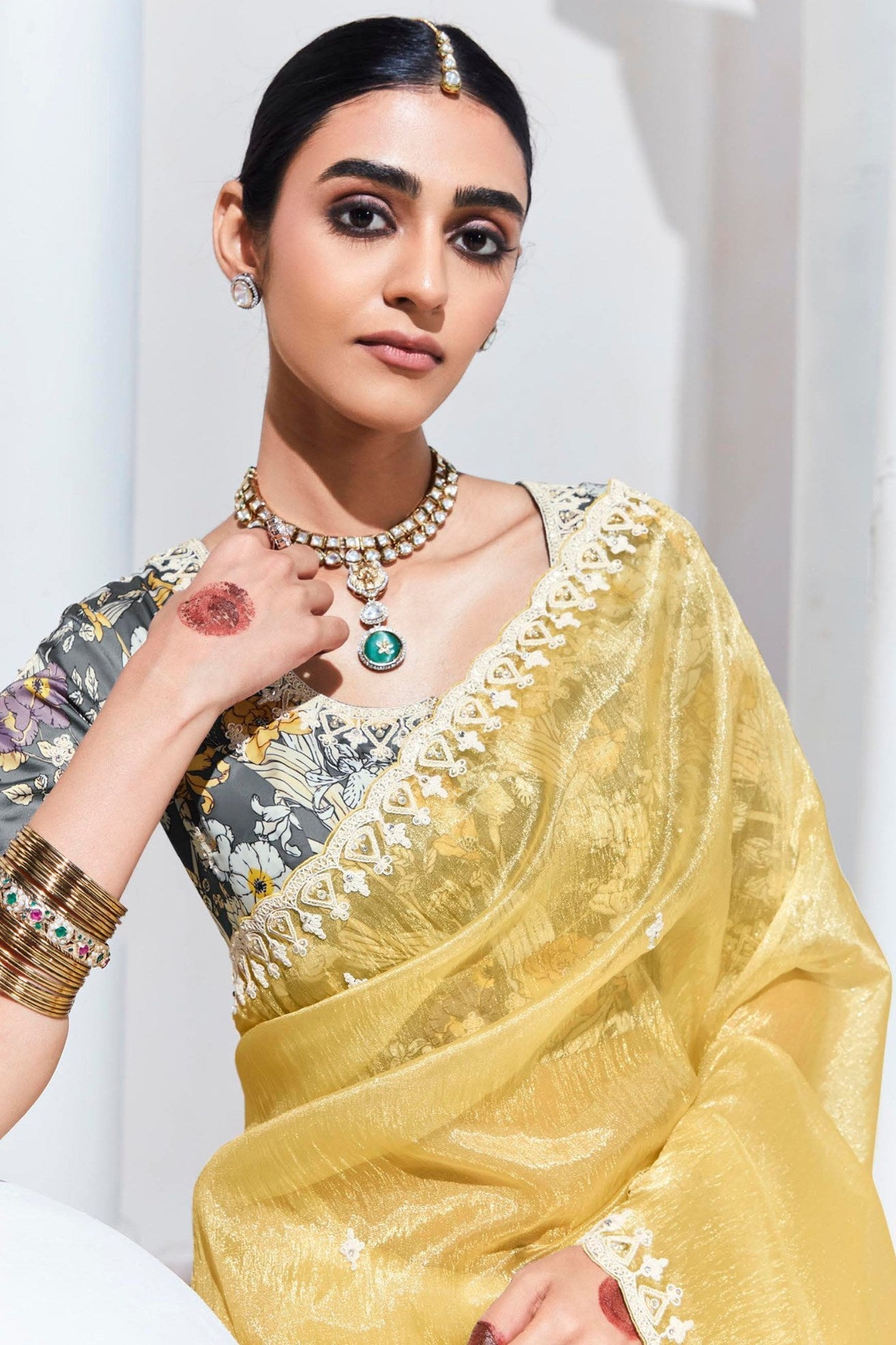 Portafino Yellow Tissue Organza Designer Partywear Saree