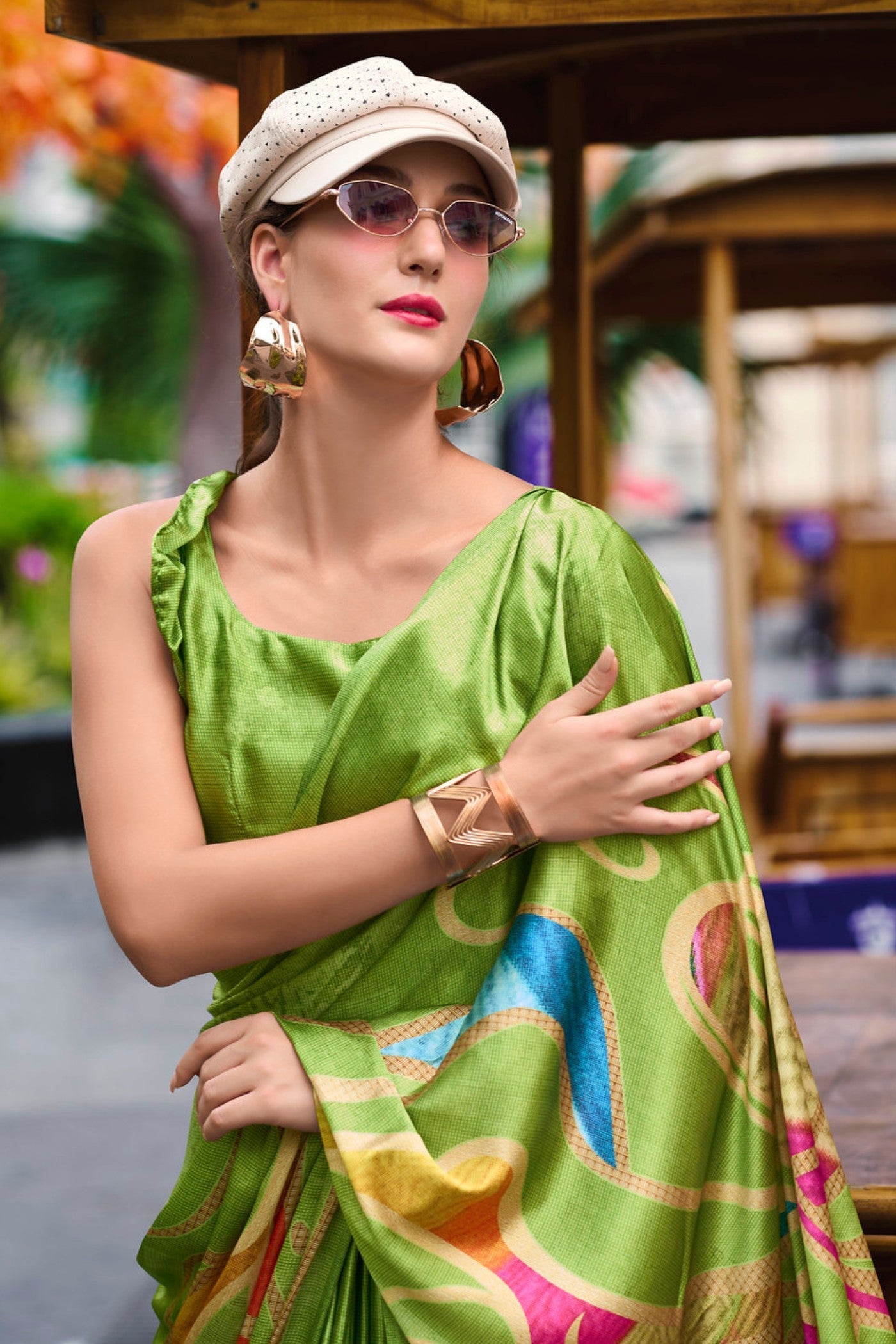 Wasabi Green Printed Satin Crepe Silk Saree