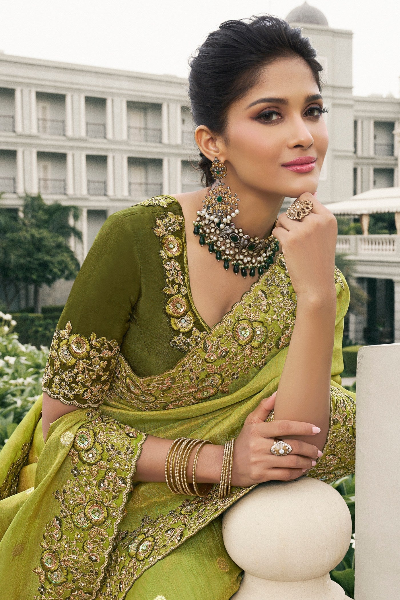 Husk Green Banarasi Designer Embroidered Saree