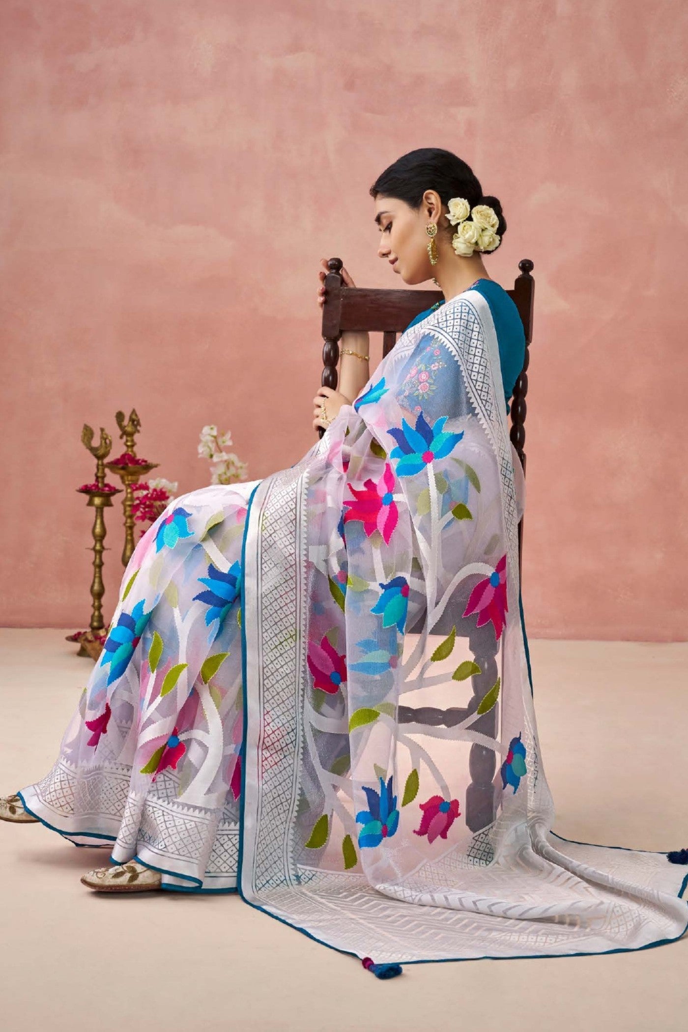 Bismark Blue and White Brasso Organza Printed Saree