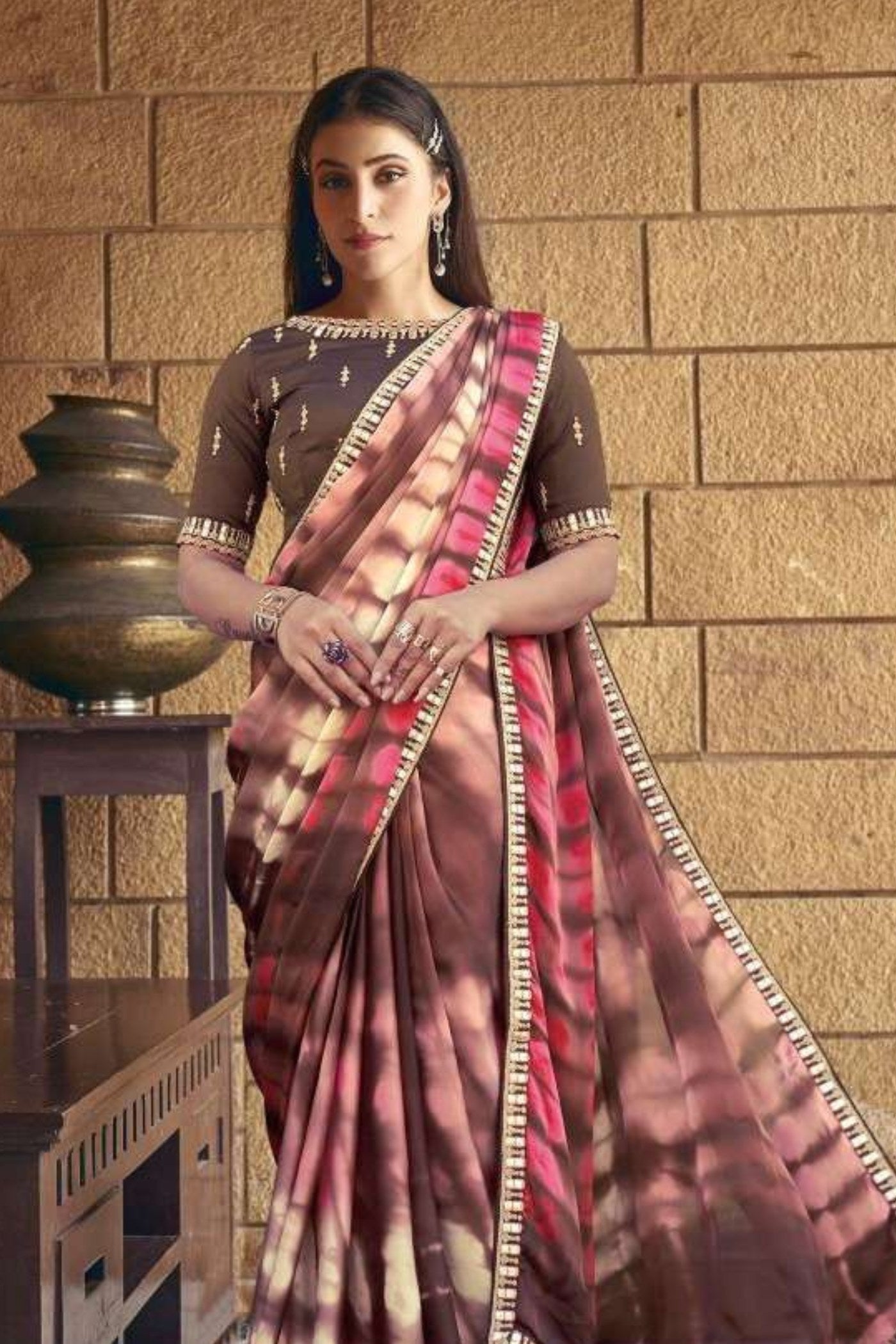 Coral Tree Brown Georgette Printed Silk Saree