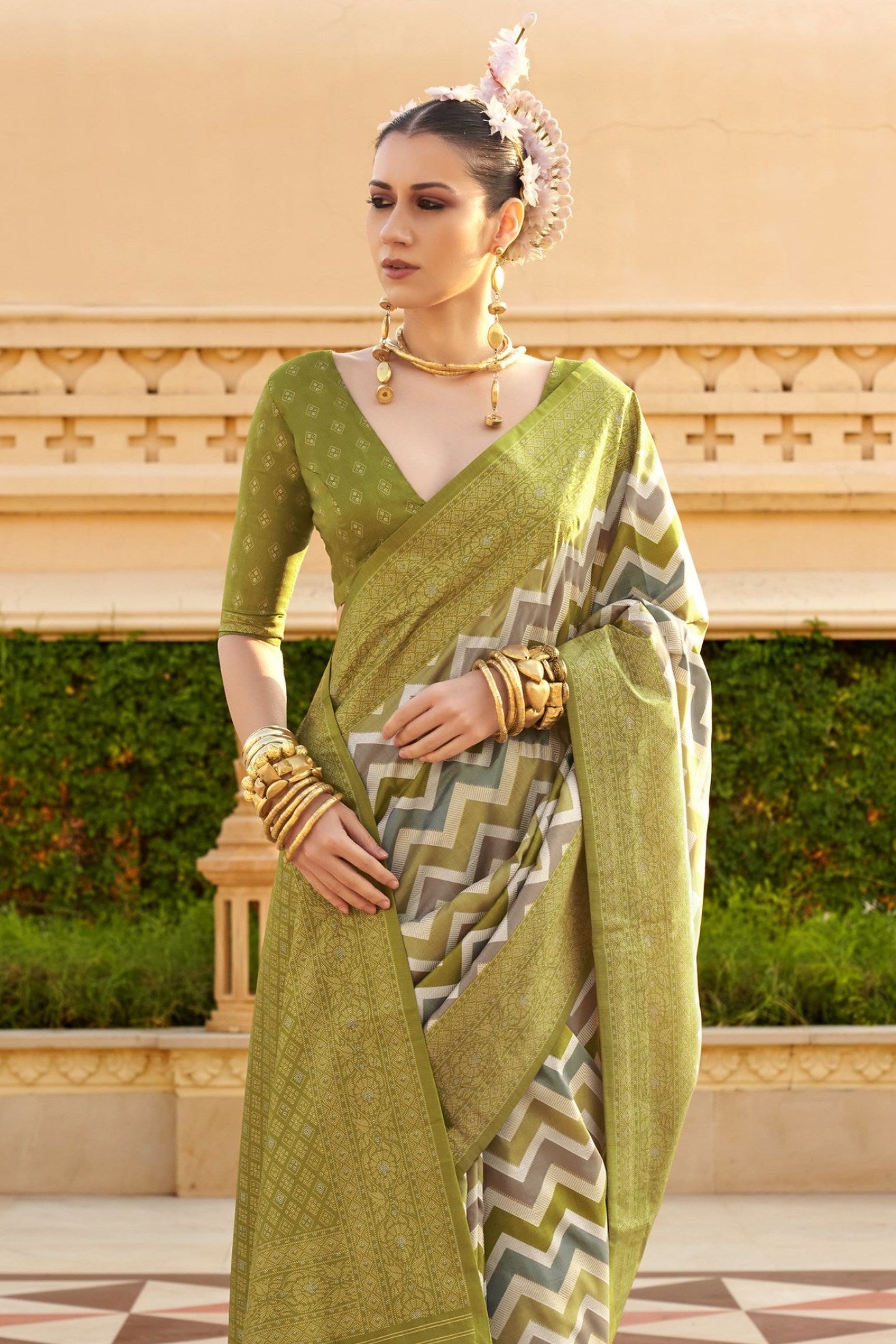 Olive Green Woven Patola Printed Silk Saree