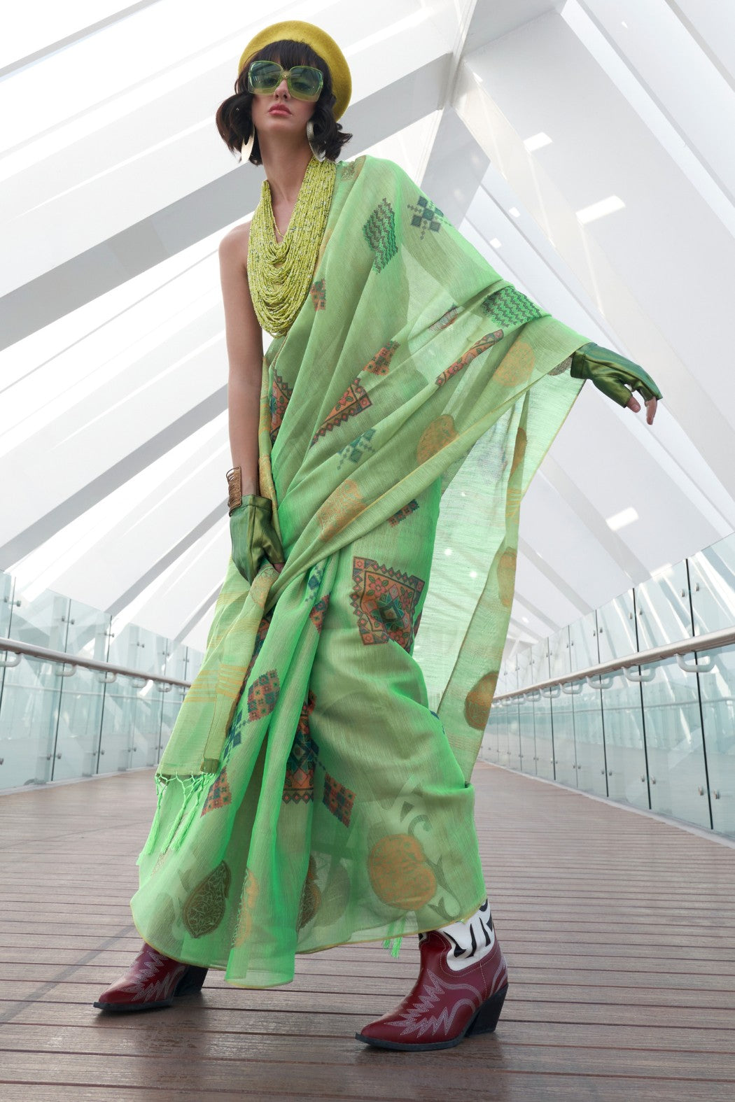 Yuma Green Printed Handloom Zari Tissue Saree