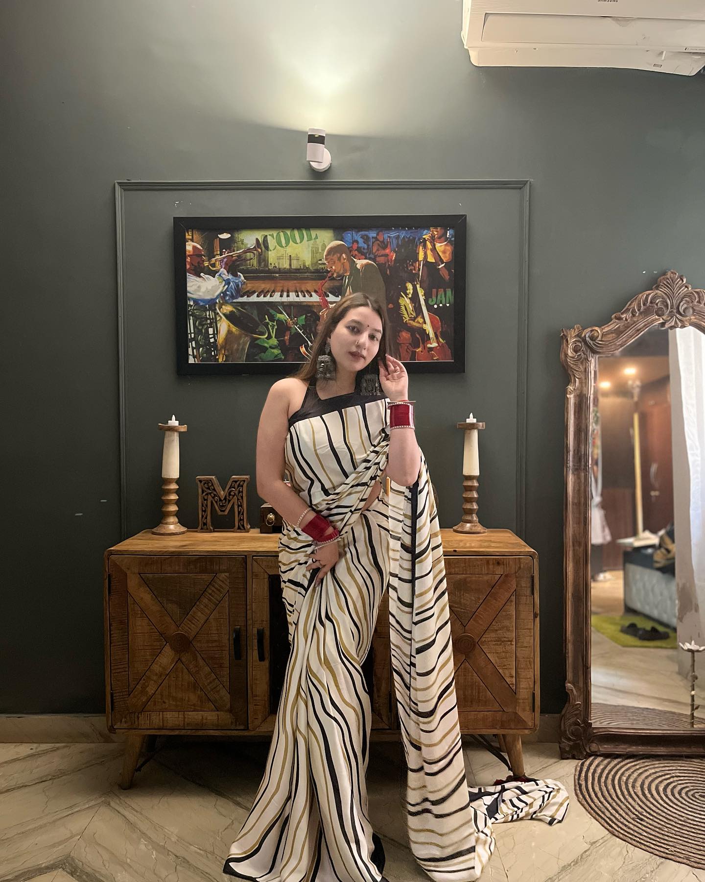 Swirl White and Red Printed Satin Silk Saree