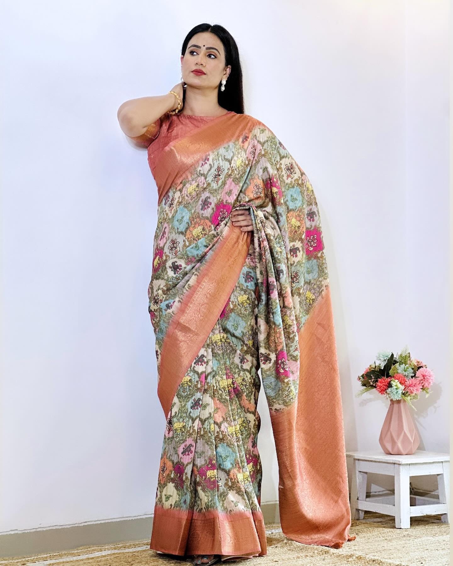 Copper Penny Pink and Brown Digital Printed Tussar Silk Saree