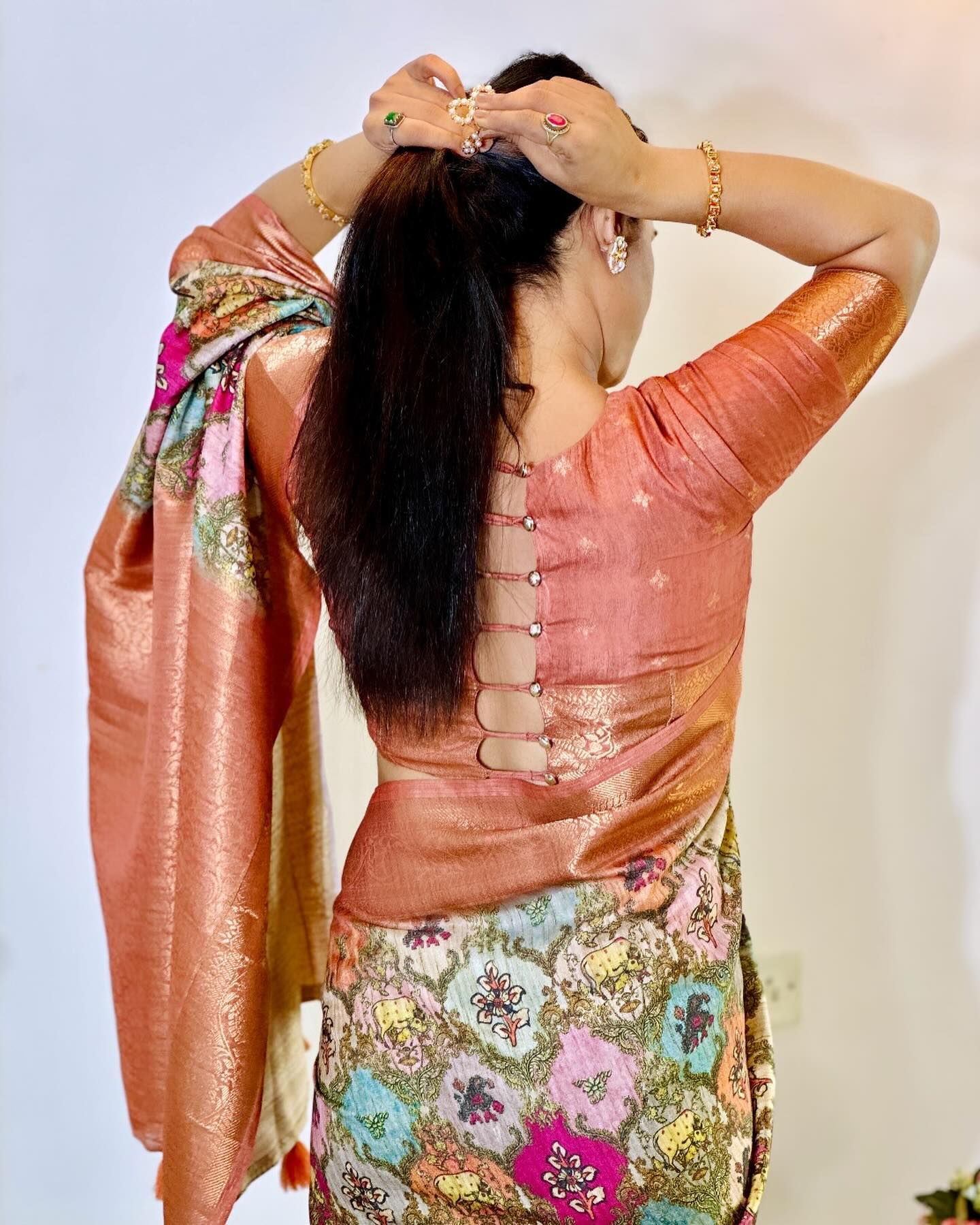 Copper Penny Pink and Brown Digital Printed Tussar Silk Saree