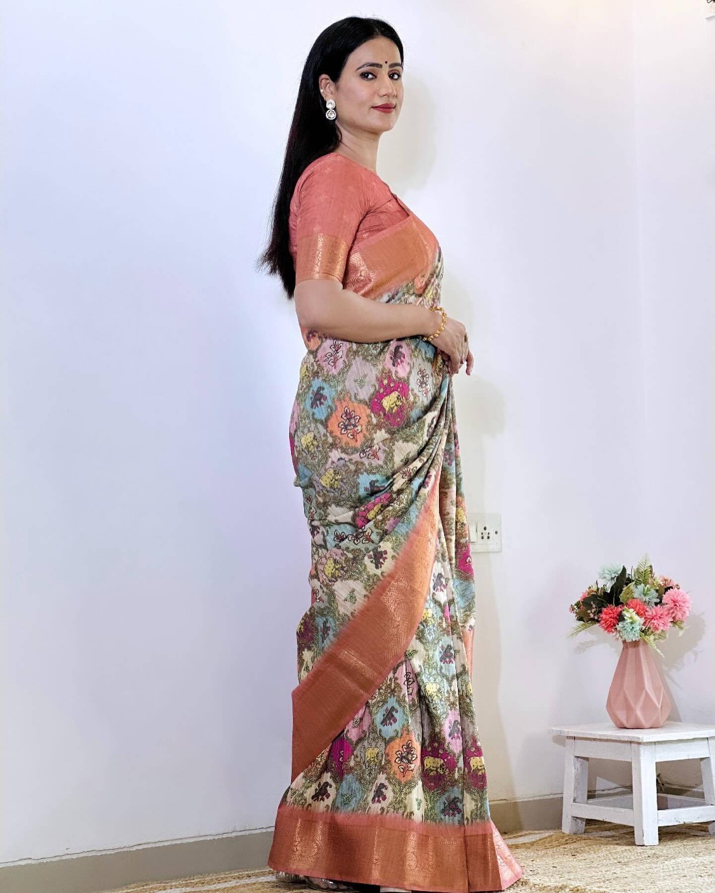 Copper Penny Pink and Brown Digital Printed Tussar Silk Saree