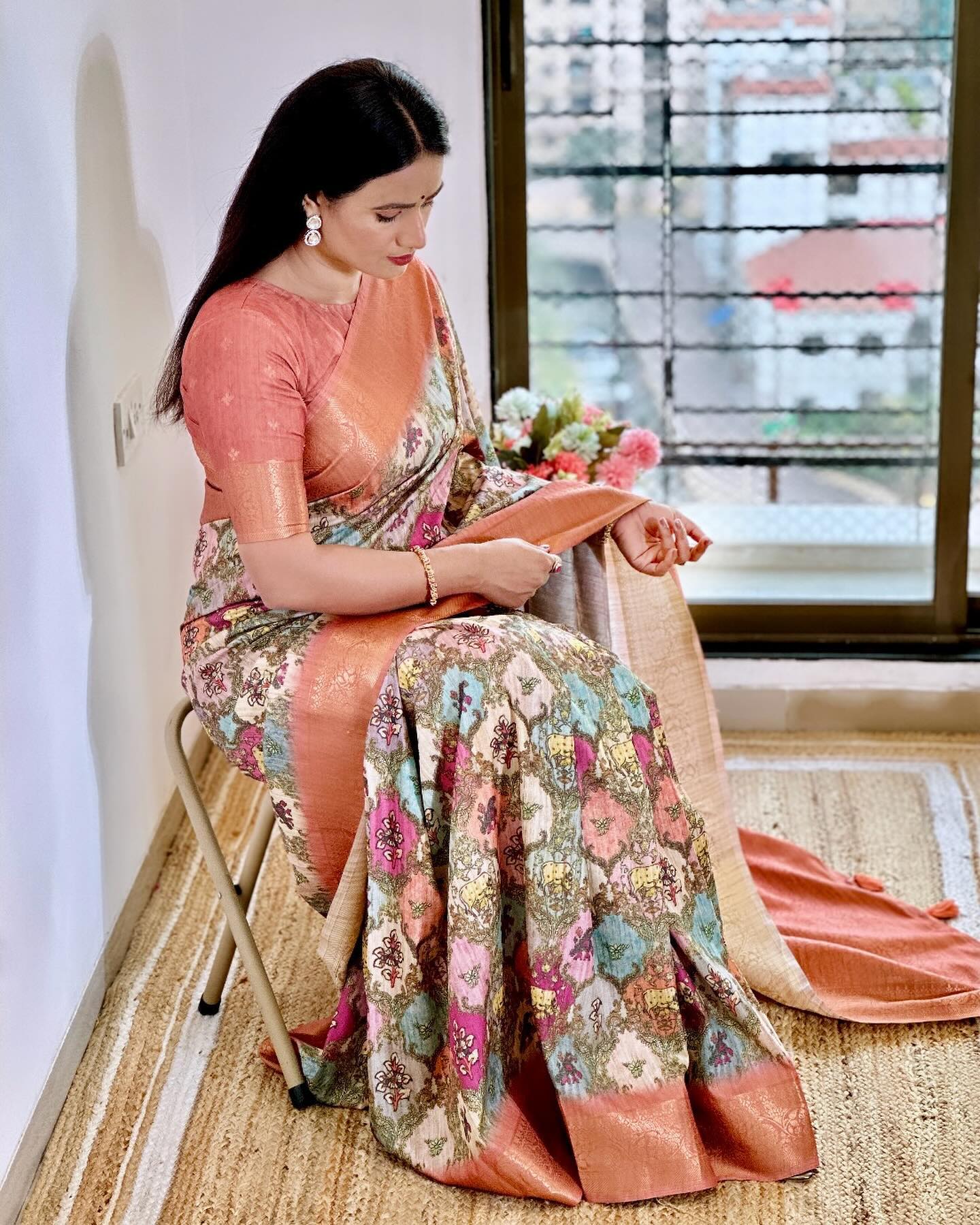 Copper Penny Pink and Brown Digital Printed Tussar Silk Saree