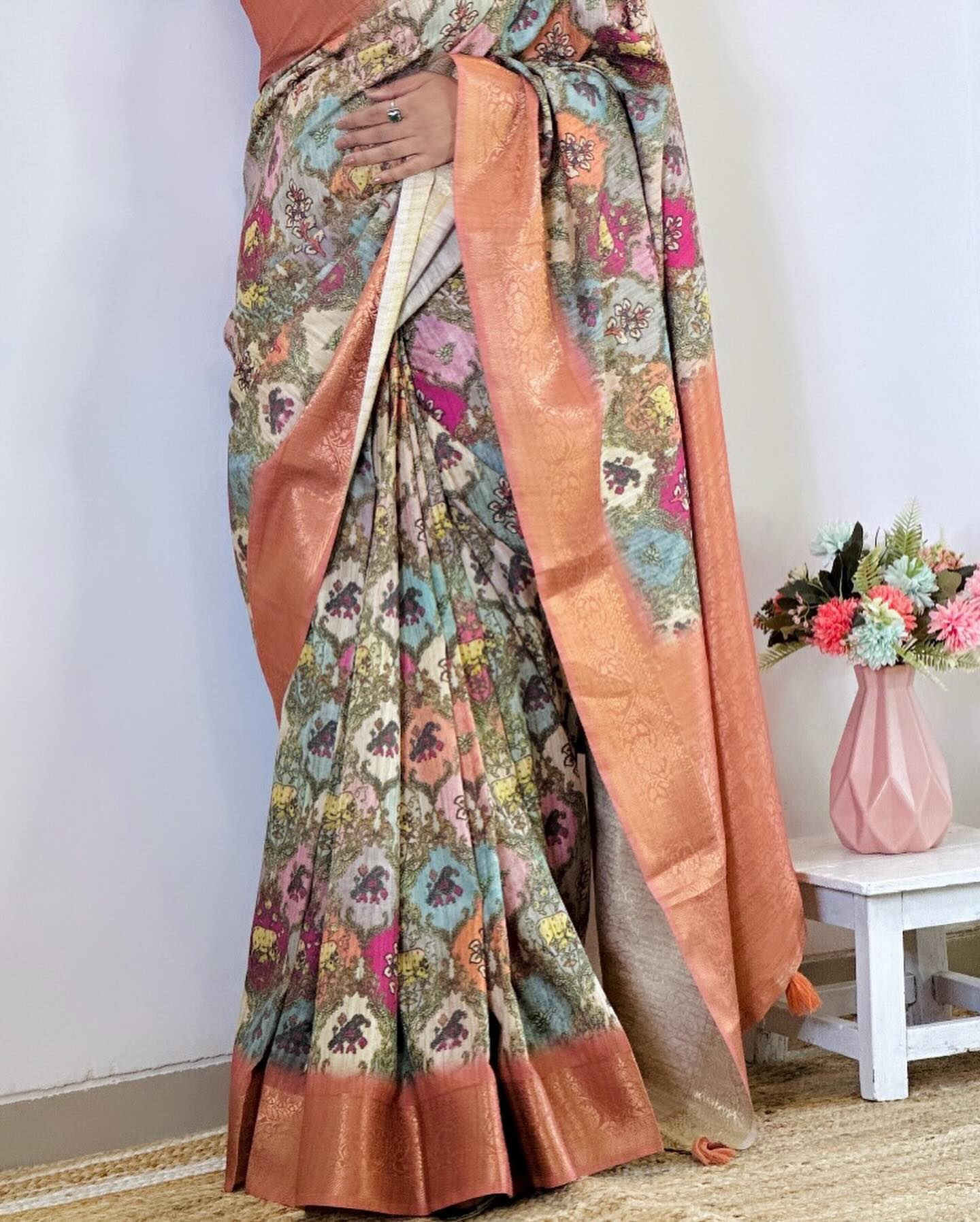 Copper Penny Pink and Brown Digital Printed Tussar Silk Saree