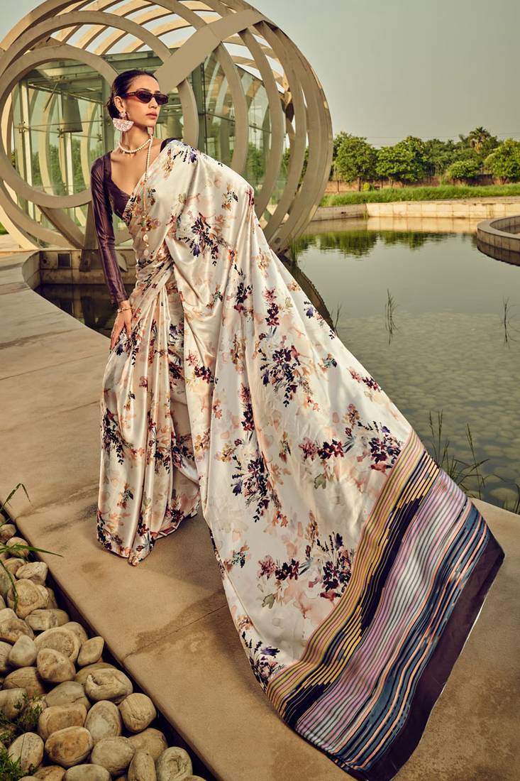 Off White Printed Satin Crepe Saree