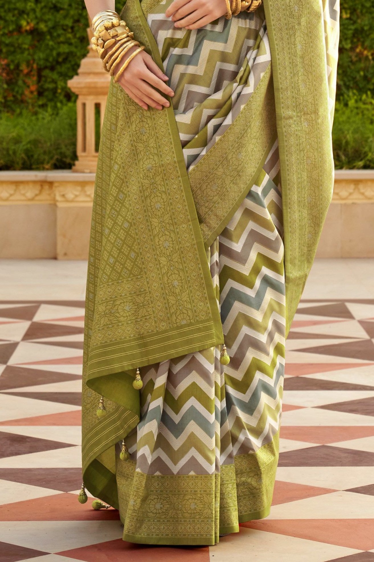 Olive Green Woven Patola Printed Silk Saree