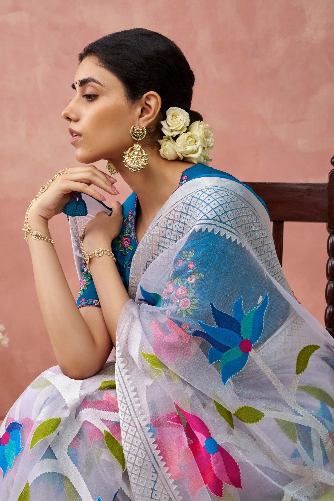 Bismark Blue and White Brasso Organza Printed Saree