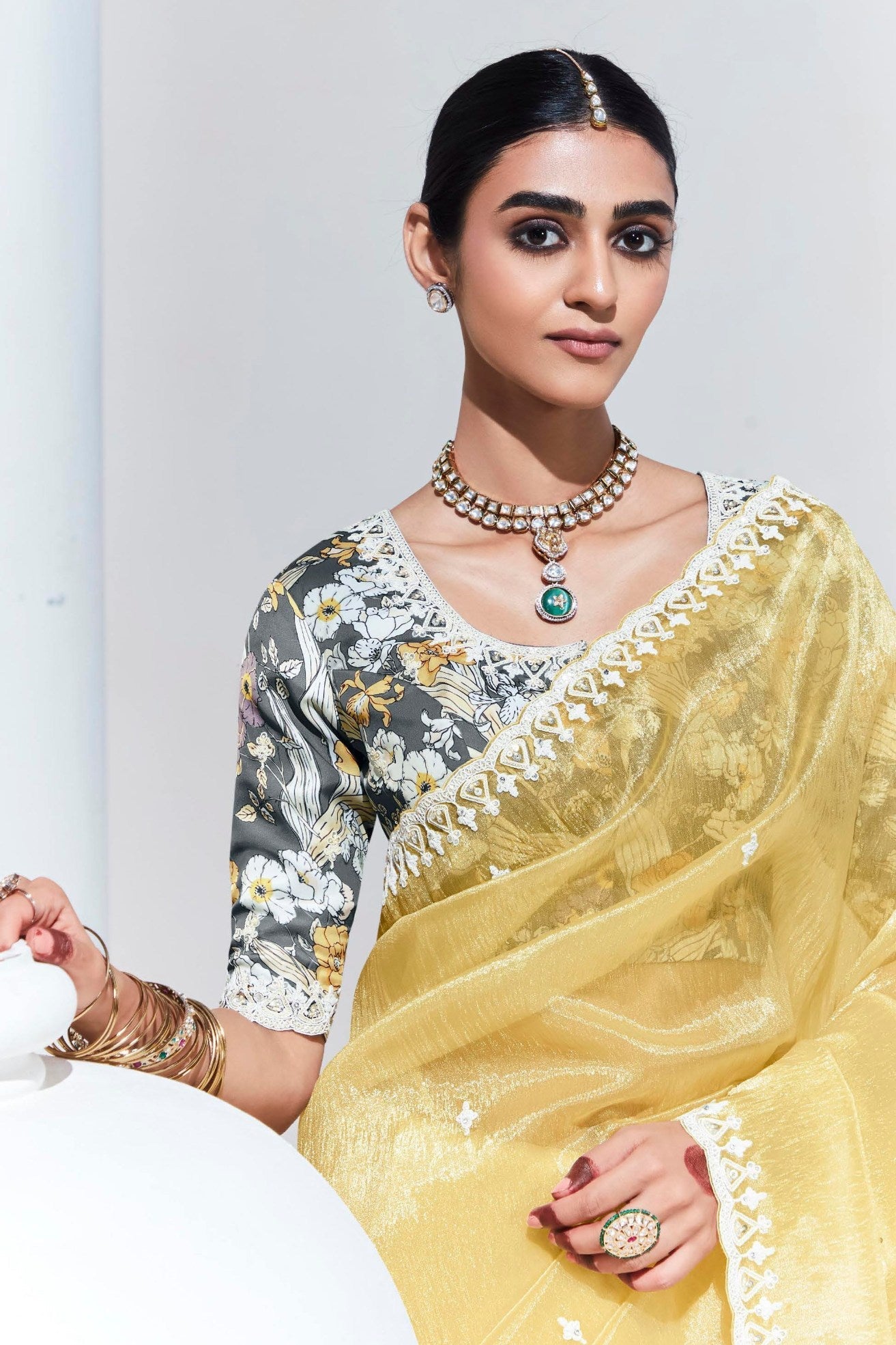 Portafino Yellow Tissue Organza Designer Partywear Saree