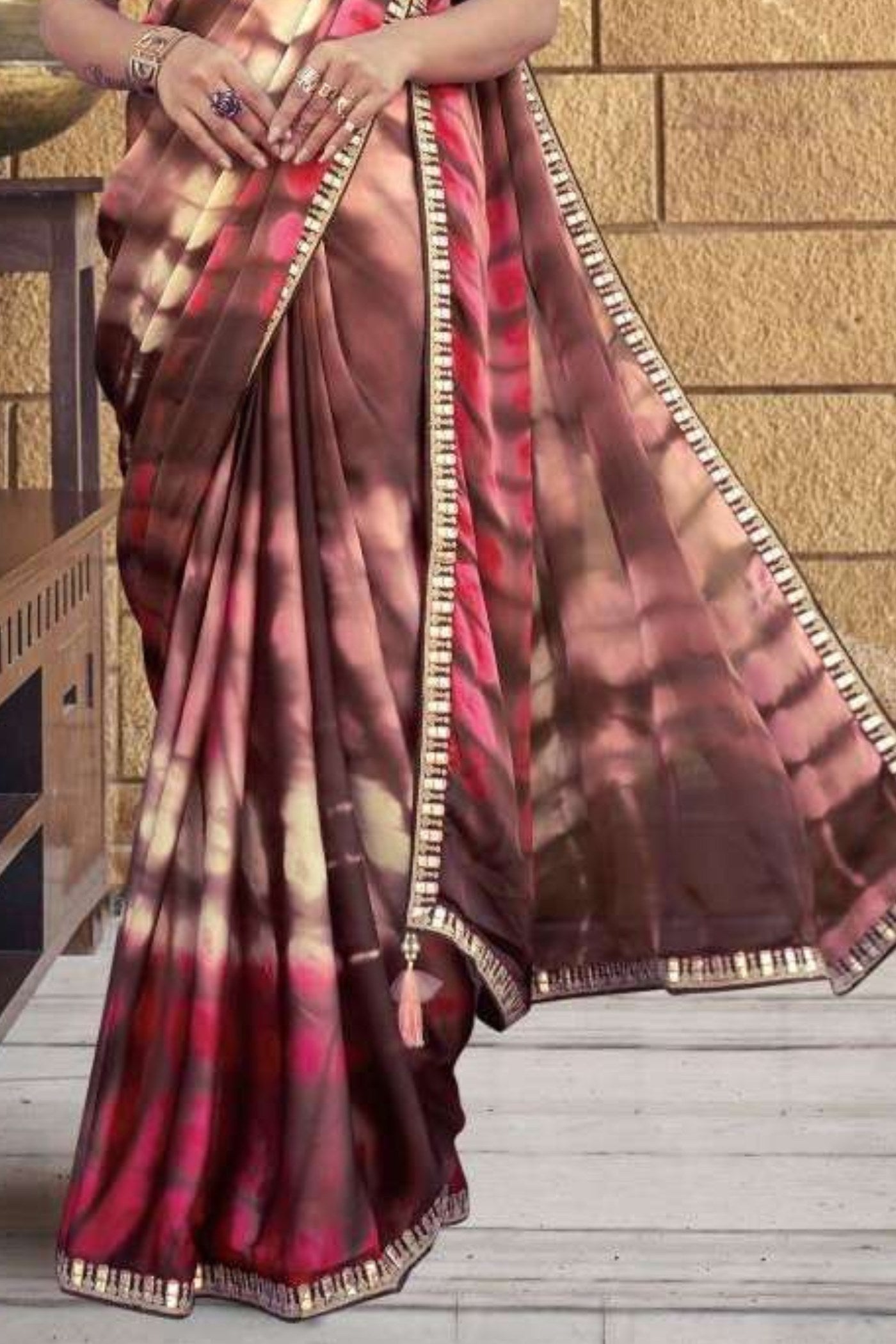 Coral Tree Brown Georgette Printed Silk Saree