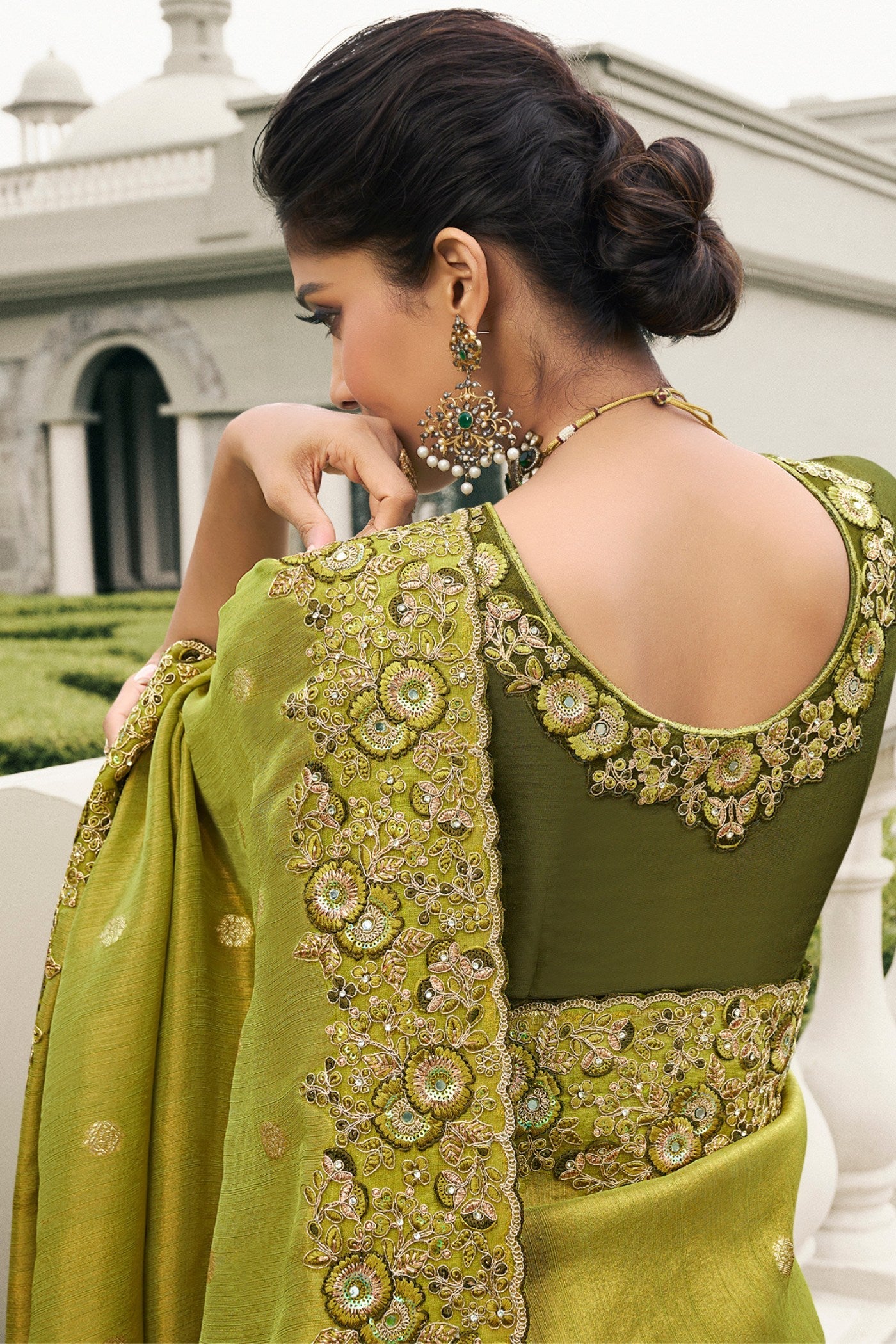 Husk Green Banarasi Designer Embroidered Saree