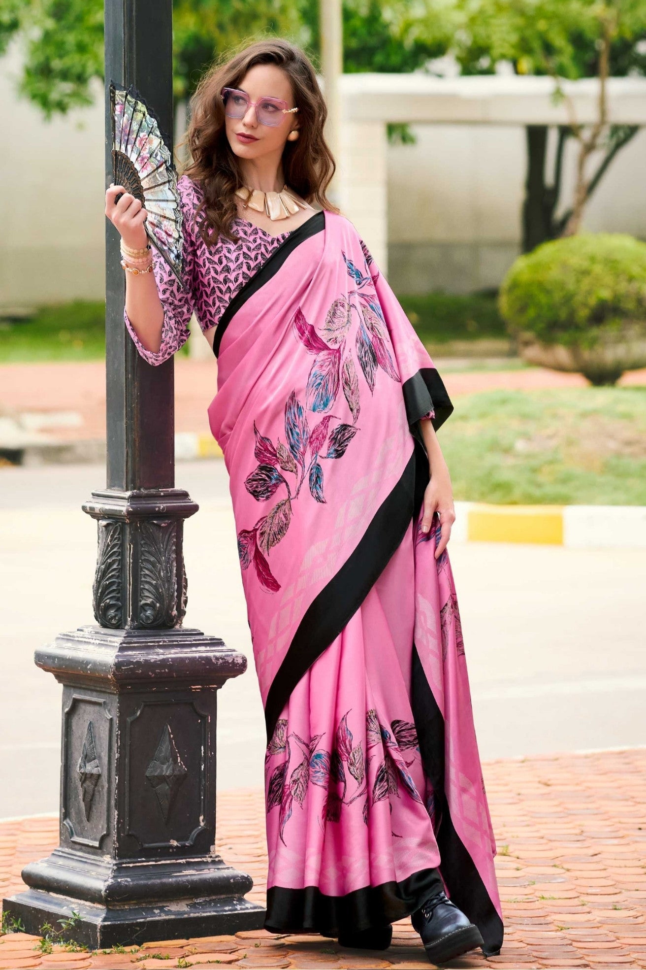 Barbie Pink Printed Satin Crepe Saree