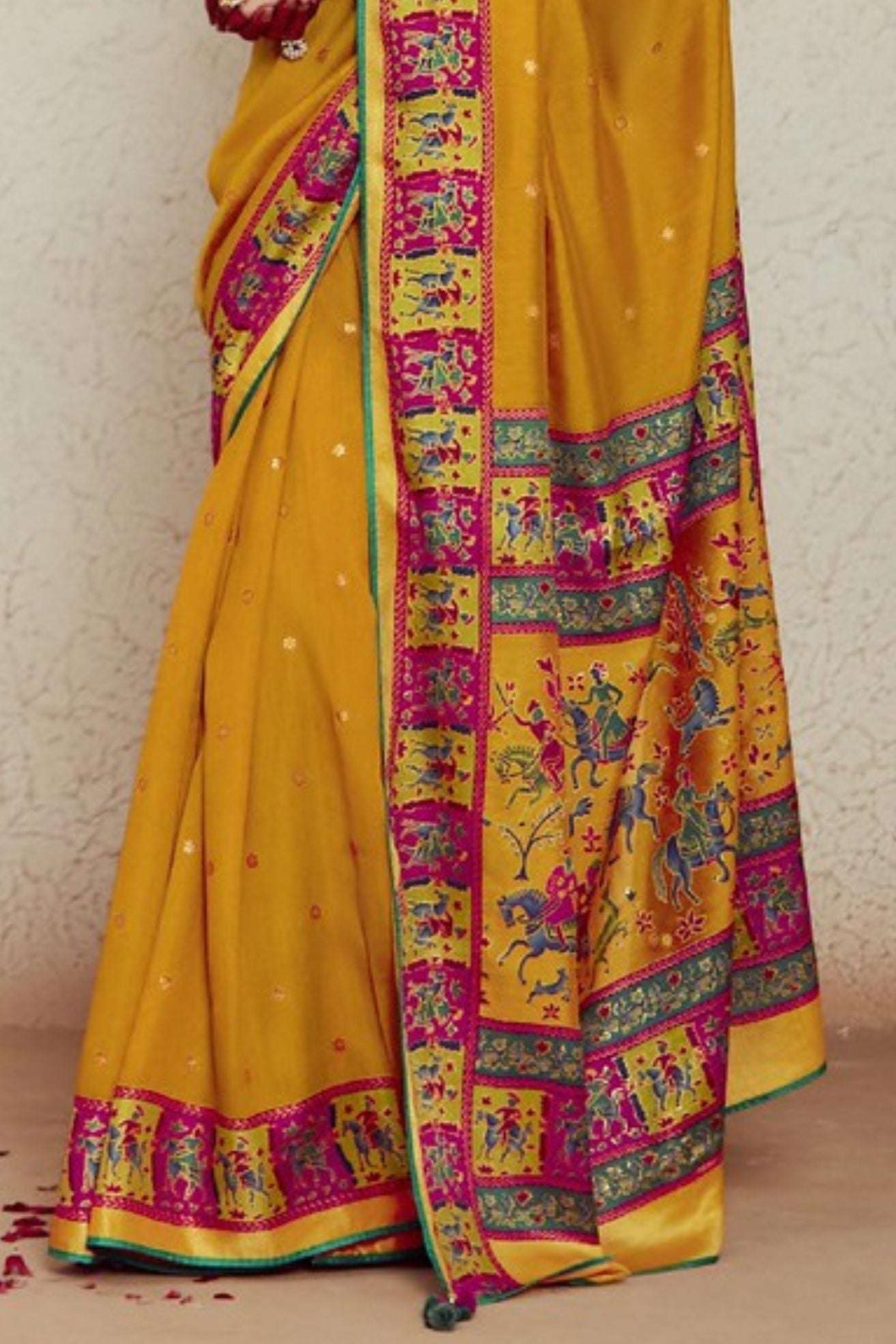 Meteor Yellow Printed Brasso Soft Silk Saree