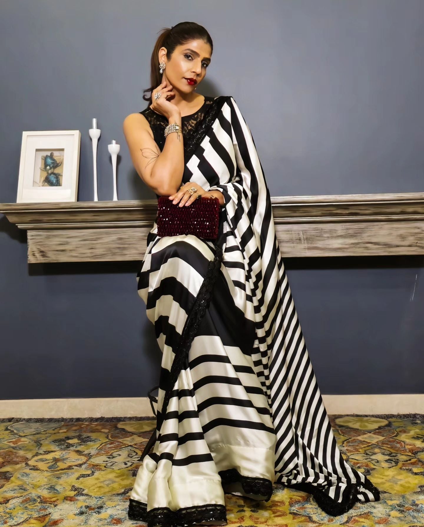 Sisal Black and White Stripes Printed Satin Silk Saree