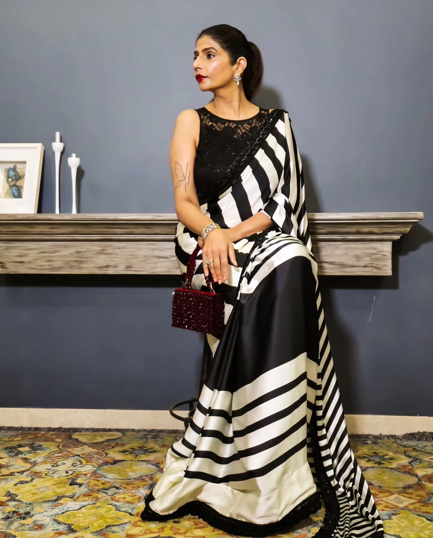 Sisal Black and White Stripes Printed Satin Silk Saree