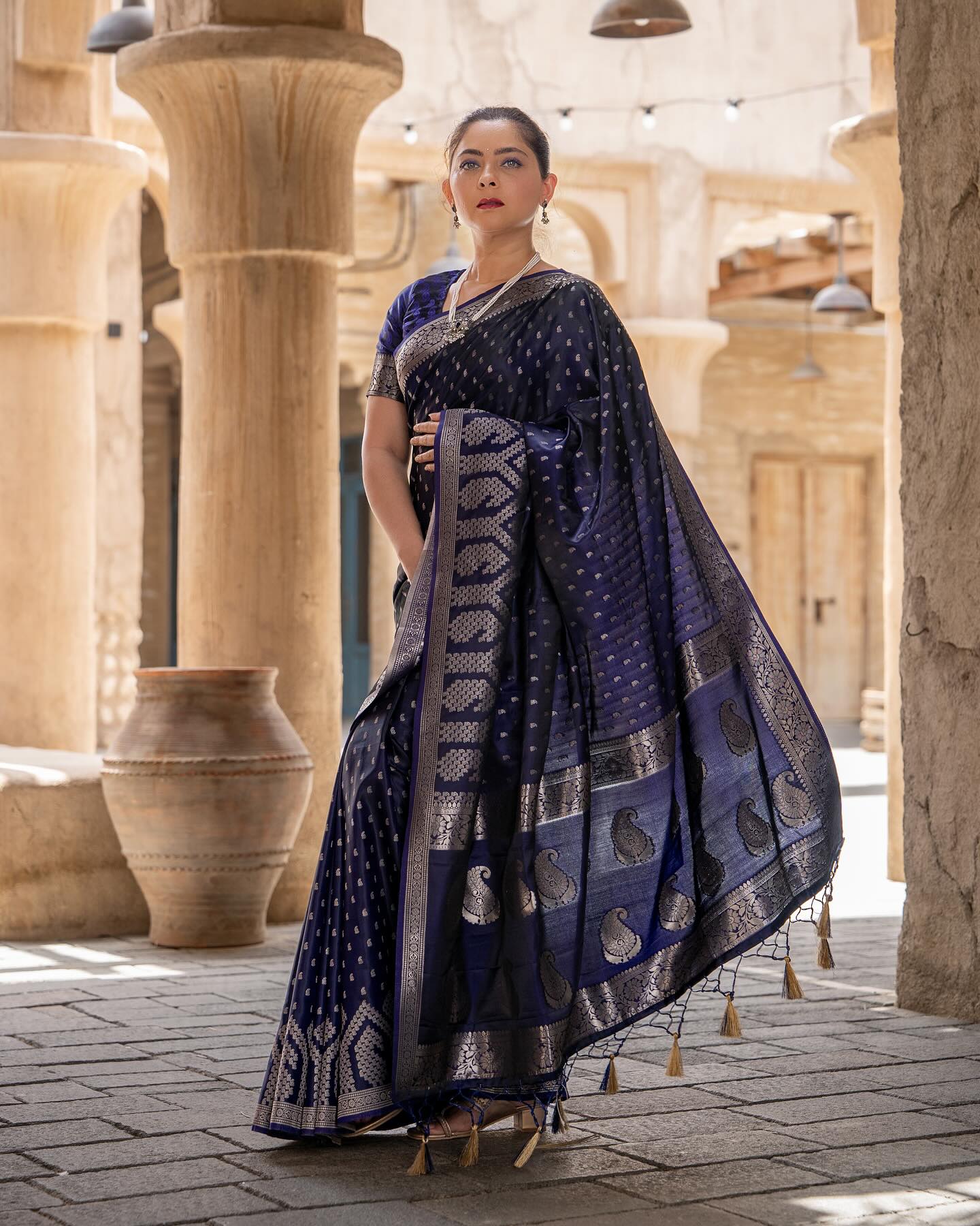 Sonali Kulkarni in Martinique Blue Banarasi Handloom Satin Silk saree