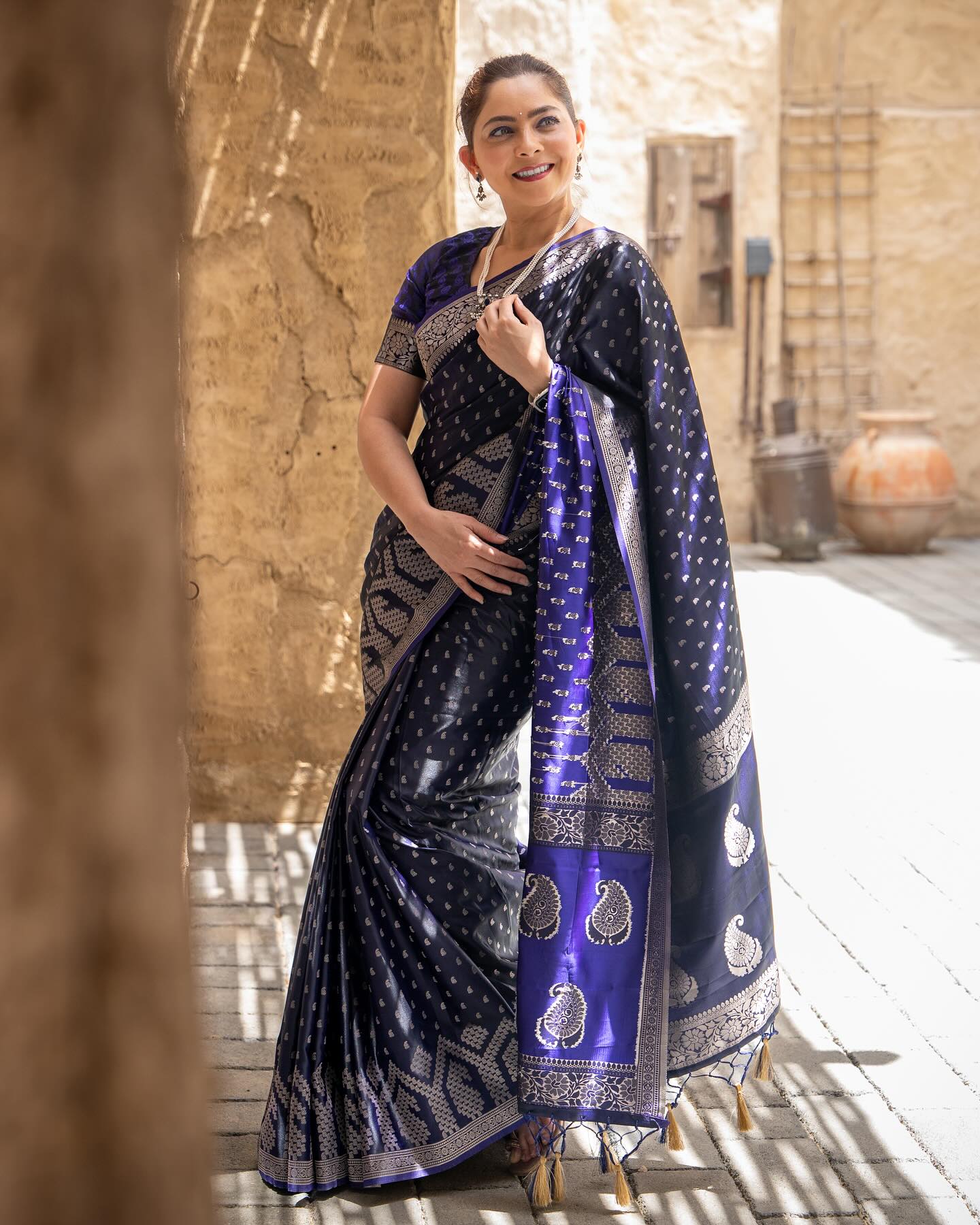 Sonali Kulkarni in Martinique Blue Banarasi Handloom Satin Silk saree