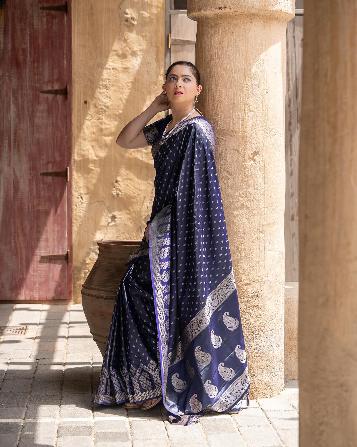 Sonali Kulkarni in Martinique Blue Banarasi Handloom Satin Silk saree