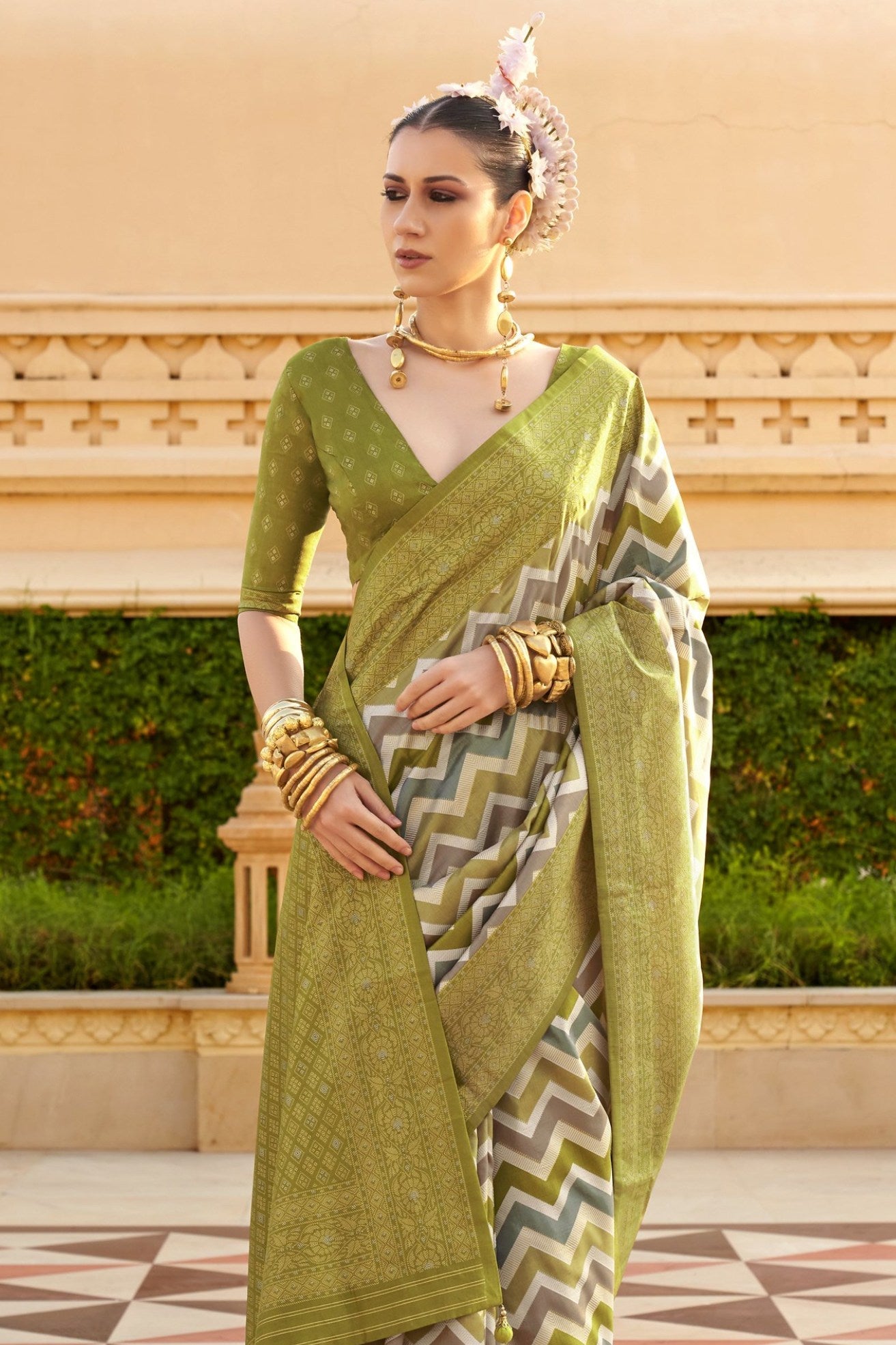 Olive Green Woven Patola Printed Silk Saree