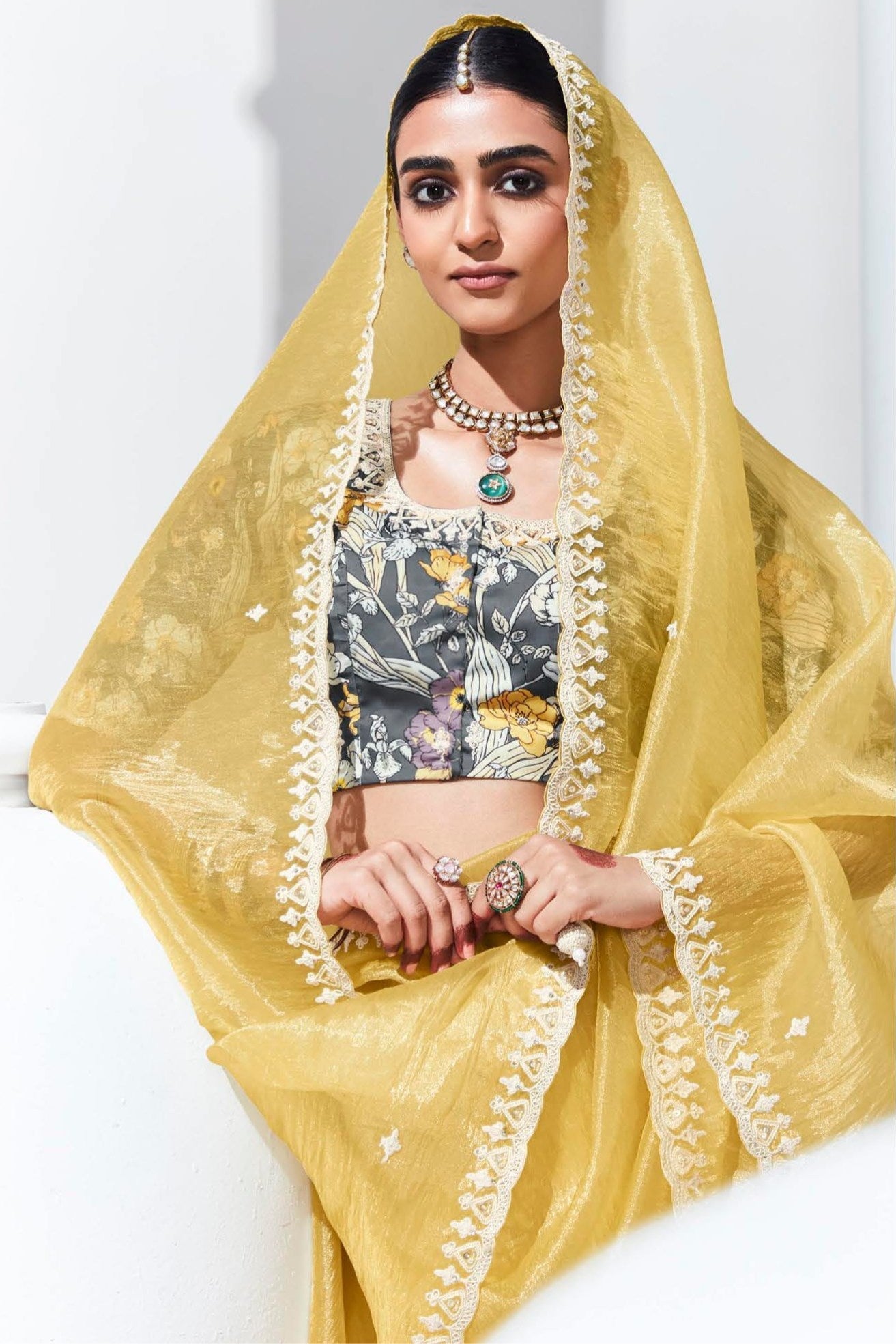 Portafino Yellow Tissue Organza Designer Partywear Saree