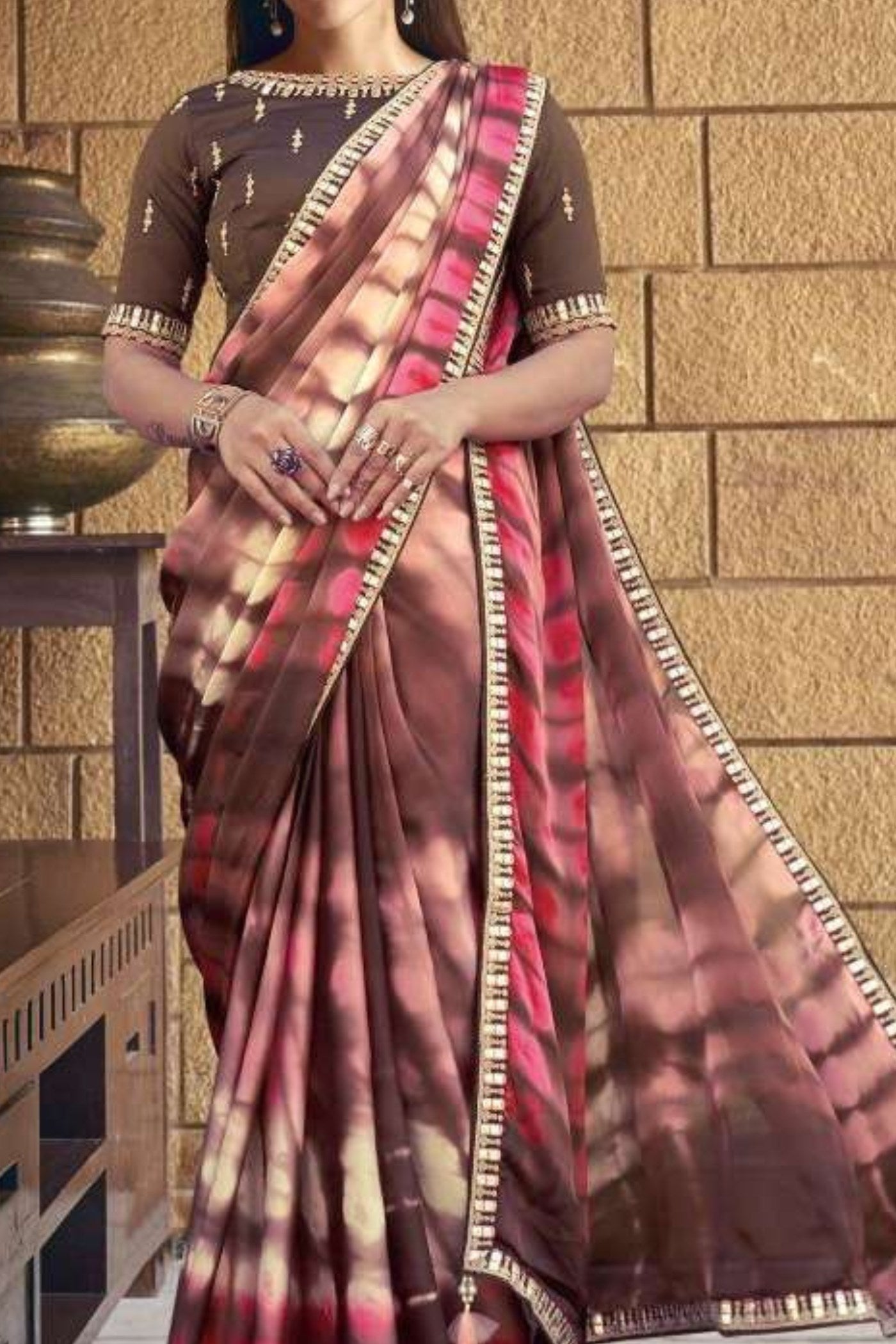 Coral Tree Brown Georgette Printed Silk Saree