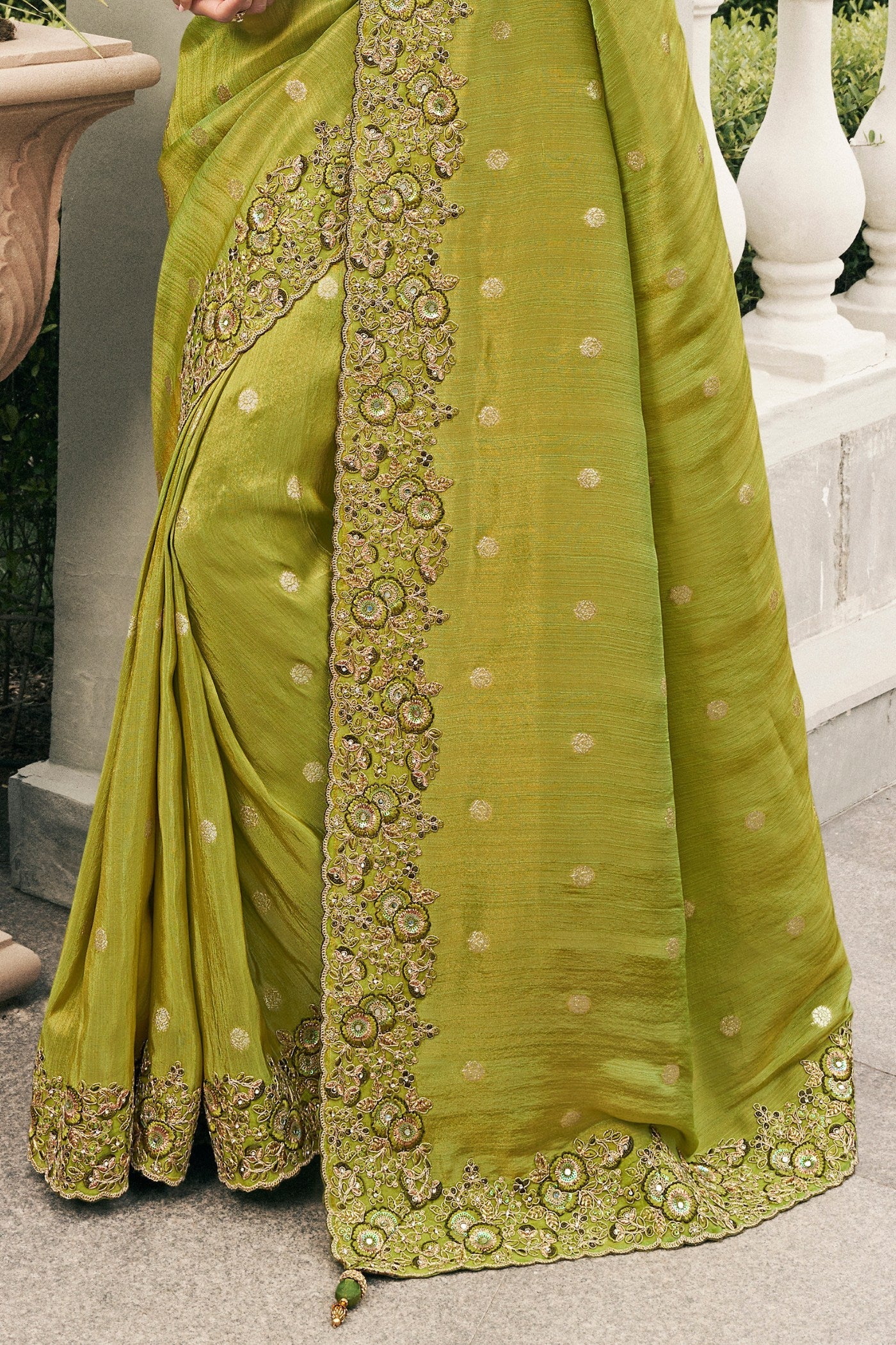 Husk Green Banarasi Designer Embroidered Saree