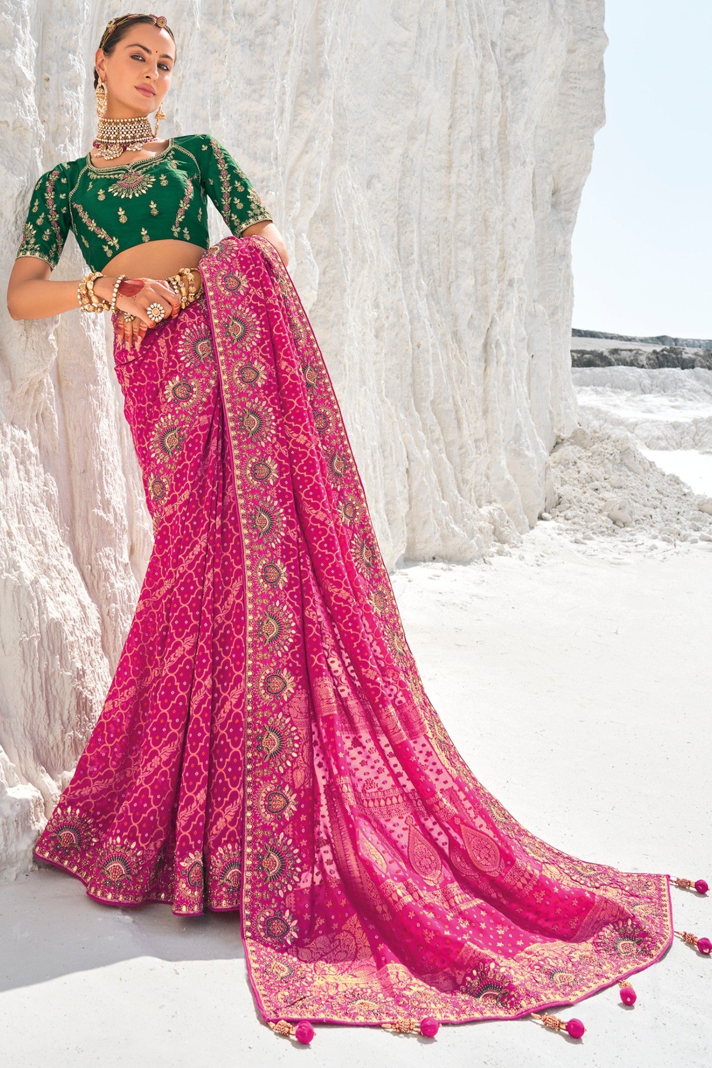 China Rose Pink Georgette Patola Saree