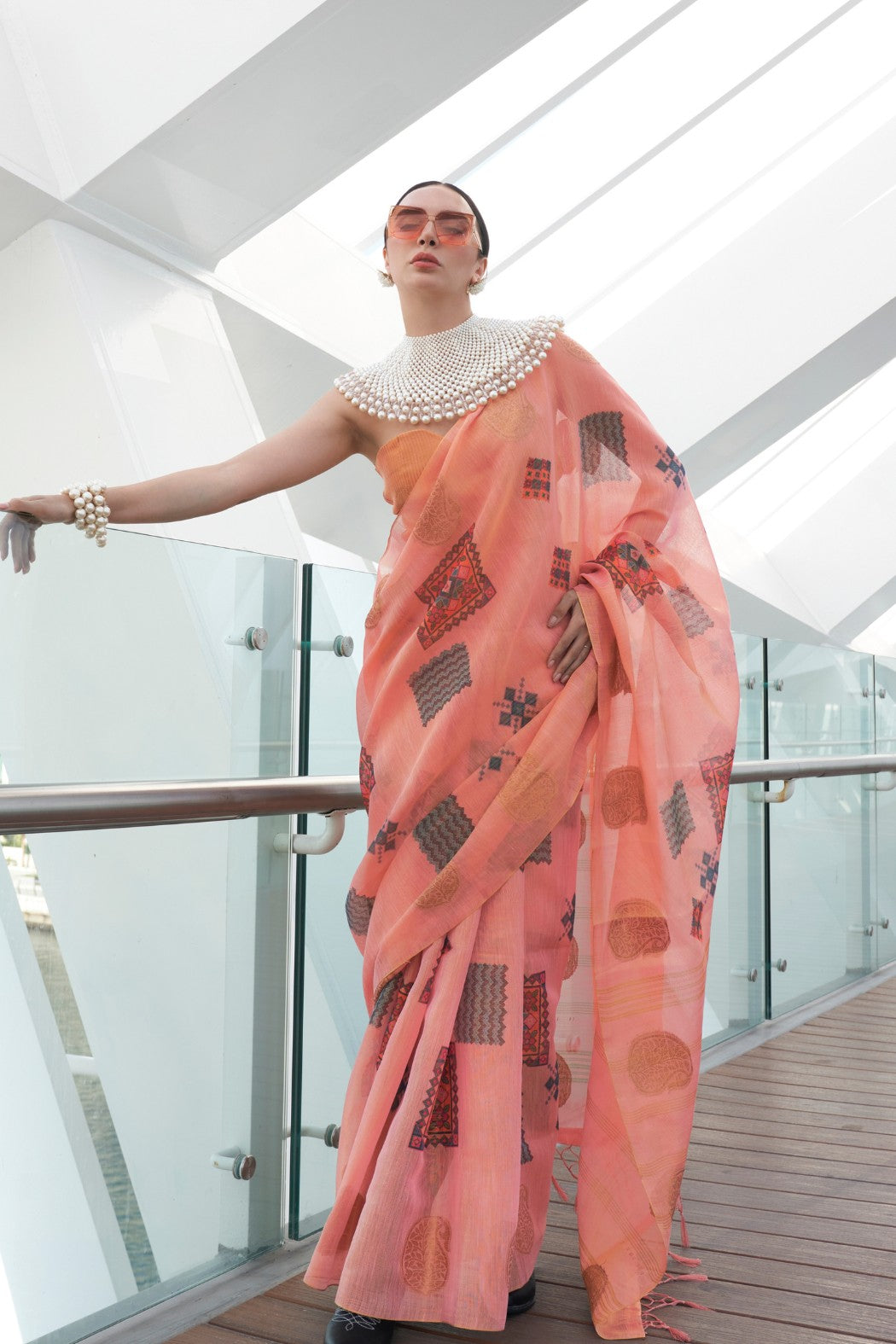 Froly Peach Printed Handloom Zari Tissue Saree