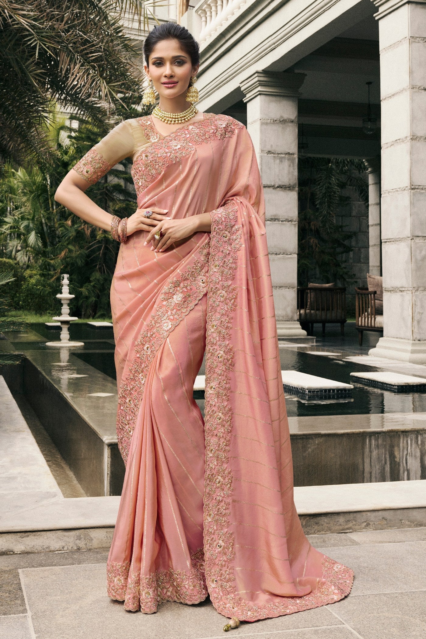 Cashmere Peach Banarasi Designer Embroidered Saree