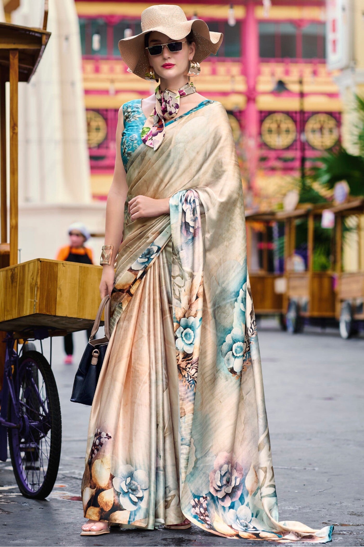 Desert Sand Cream Printed Satin Crepe Silk Saree