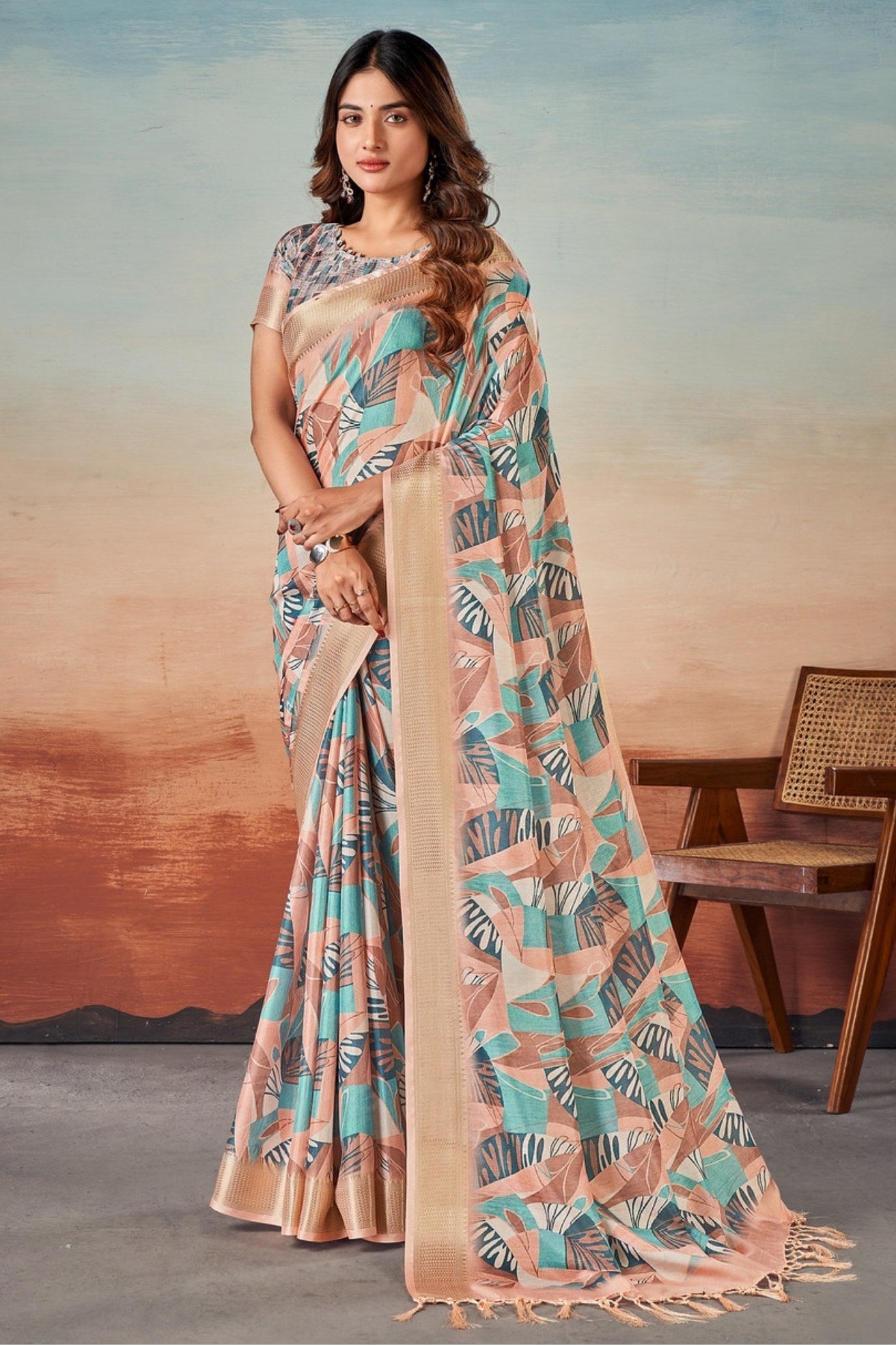 Turquoise Blue Banarasi Digital Printed Saree