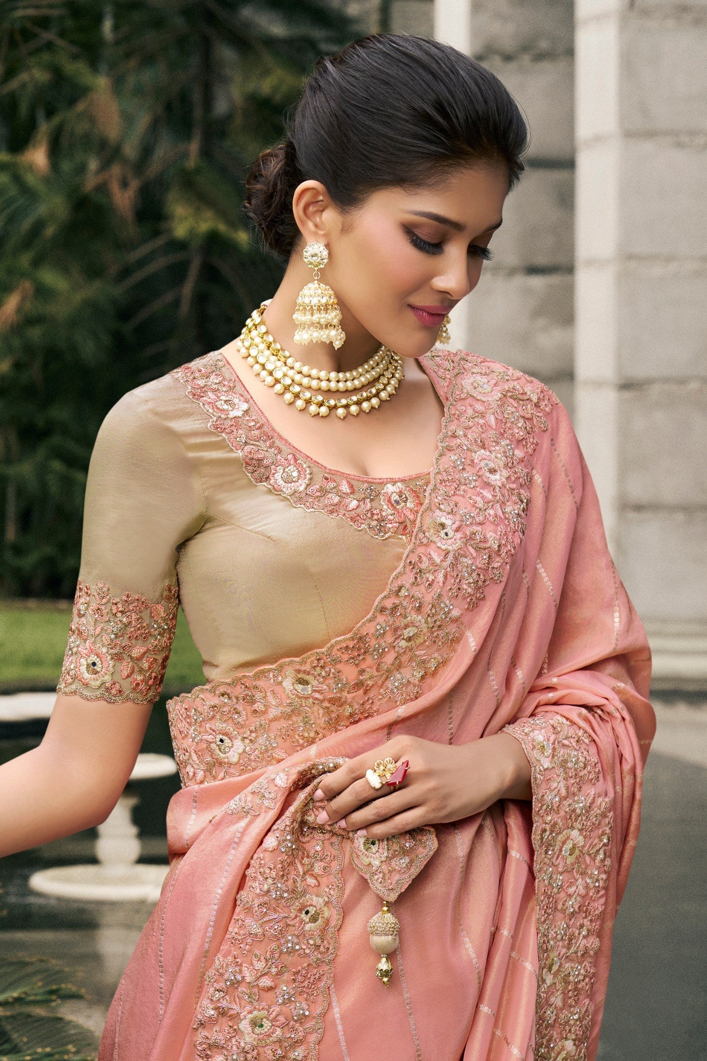 Cashmere Peach Banarasi Designer Embroidered Saree