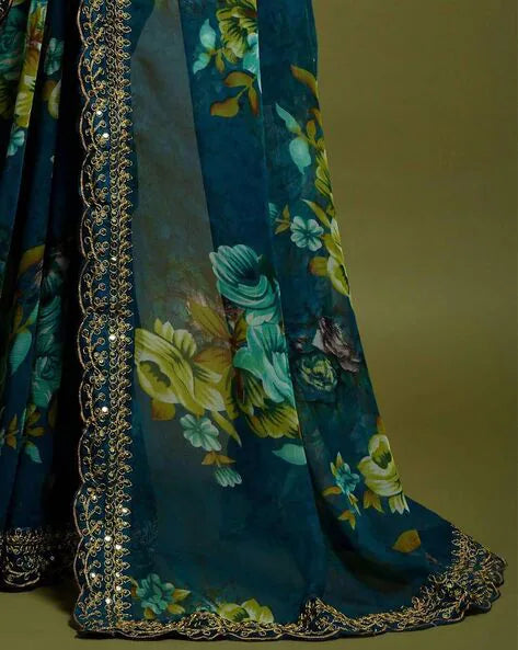 Teal Blue Heavy Soft Chiffon With Beautiful Floral Print Saree - Mira Fashion