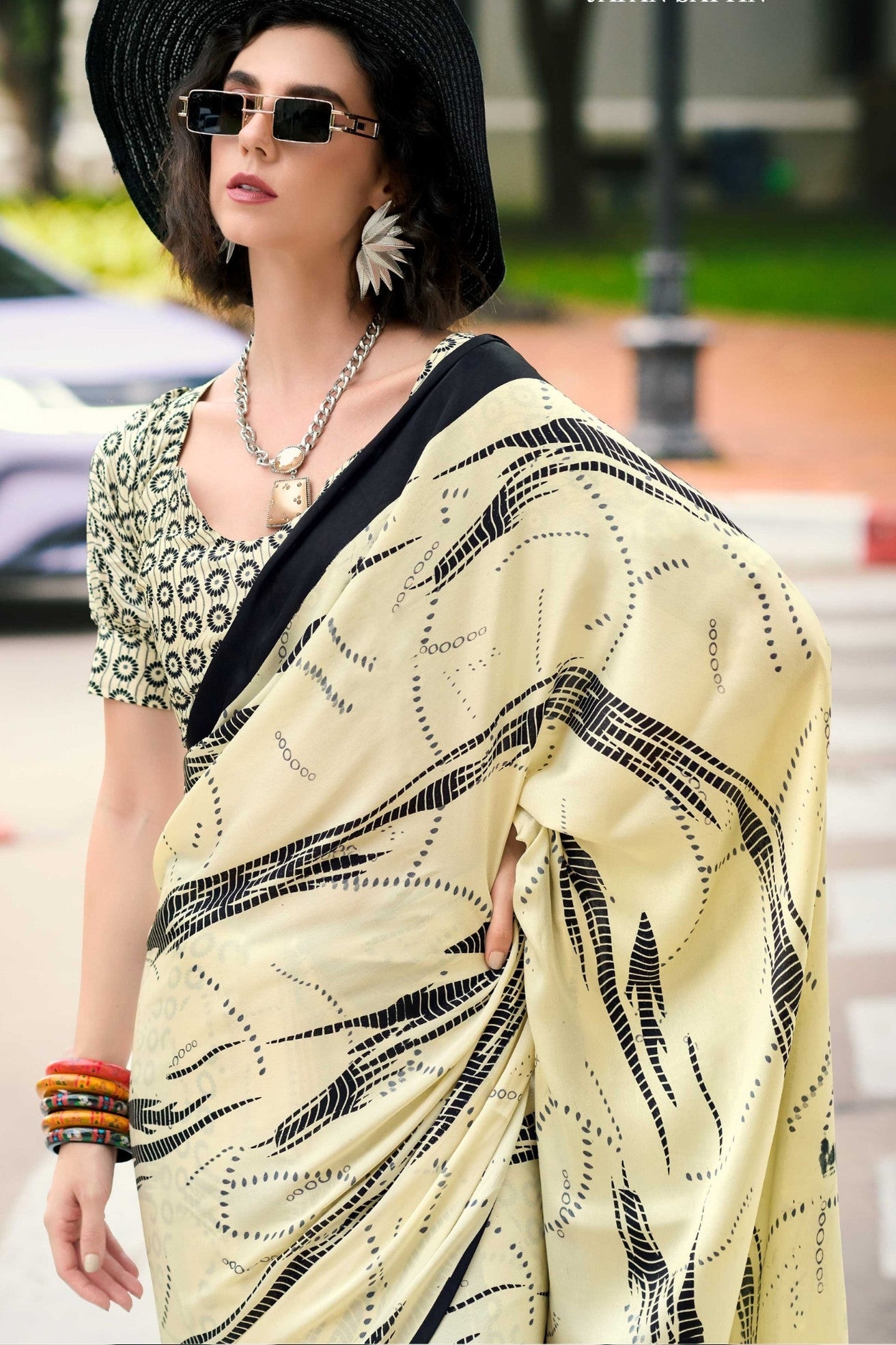 Bavarian Cream Printed Satin Crepe Saree